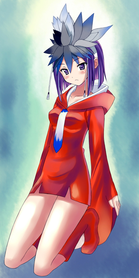 keisuke (artist), keisuke (waopd0g), kuzuryuu amane, devil survivor (series), devil survivor 1, bad id, bad pixiv id, boots, feathers, headdress, hood, hoodie, long sleeves, purple eyes, purple hair, short hair, solo