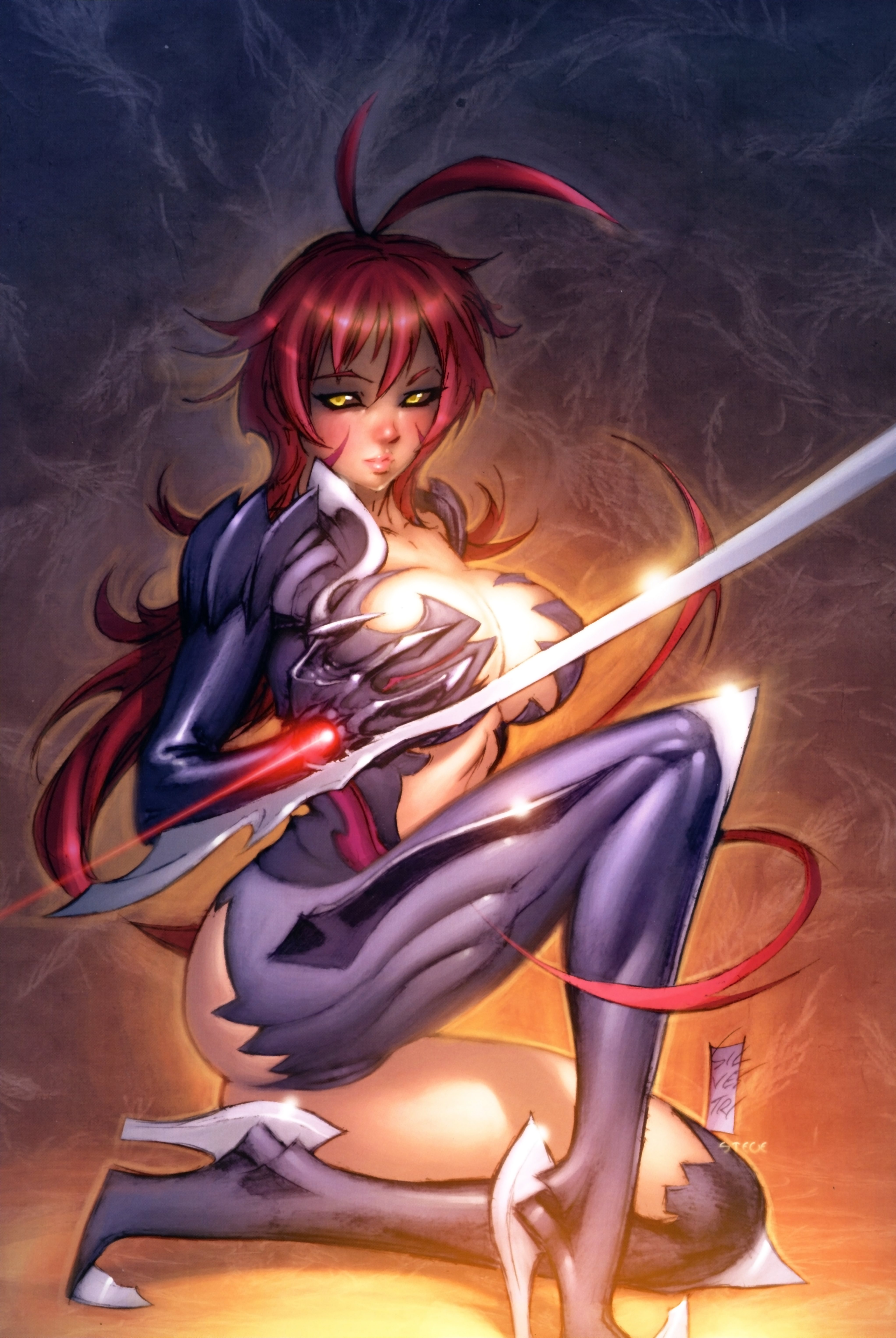 marc silvestri, steve firchow, amaha masane, witchblade, blade, absurdres, highres, 00s, 1girl, armor, bikini armor, breasts, claws, female focus, kneeling, large breasts, lips, long hair, on one knee, red hair, smile, solo, yellow eyes