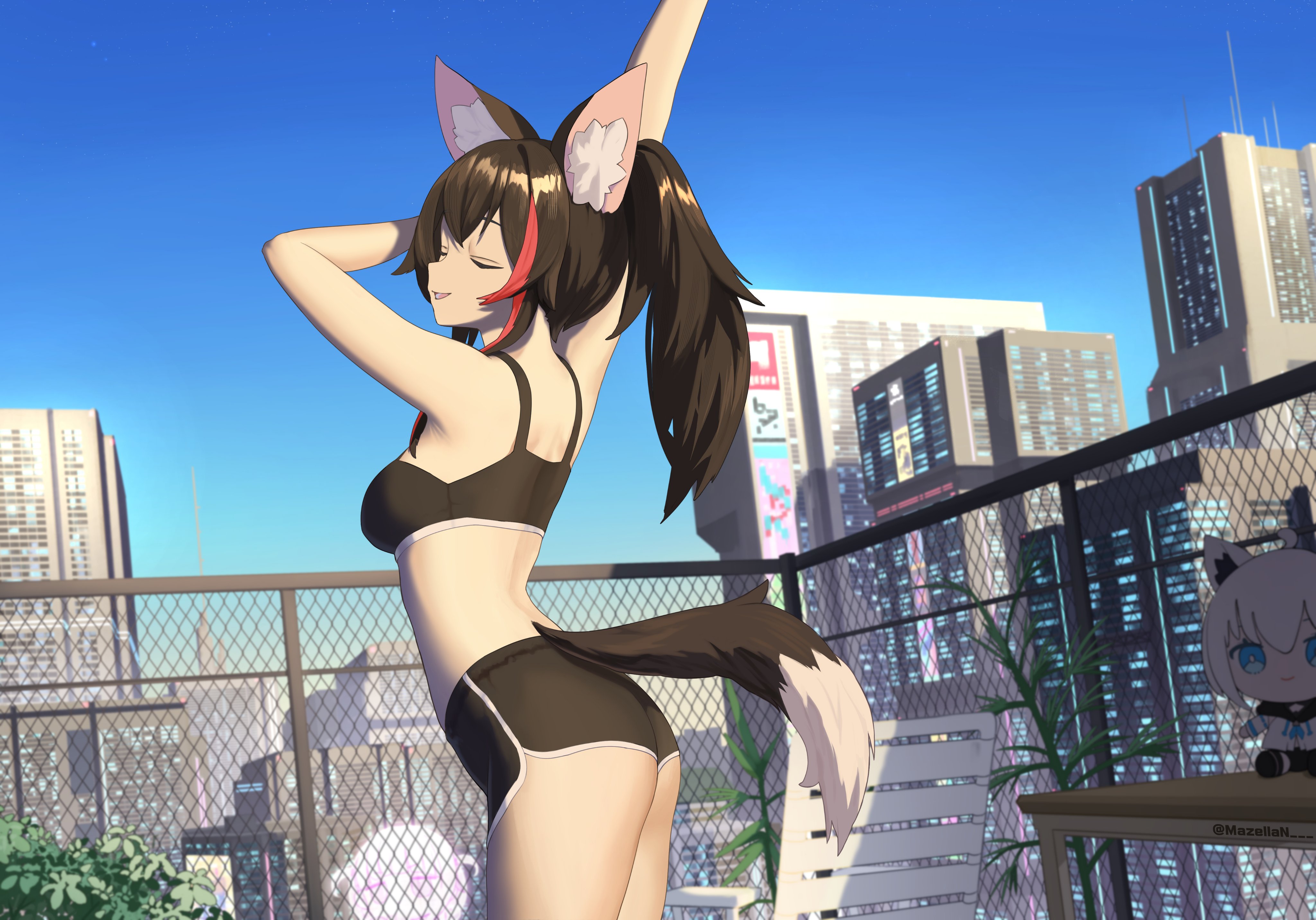 mazellan, ookami mio, shirakami fubuki, todoroki hajime, hololive, hololive dev is, absurdres, commentary, english commentary, highres, 1girl, alternate costume, animal ear fluff, animal ears, ass, black hair, black shorts, black sports bra, blue sky, breasts, building, chain-link fence, chair, character doll, clear sky, closed eyes, cowboy shot, day, doll, dolphin shorts, fence, from side, long hair, lounge chair, medium breasts, multicolored hair, open mouth, plant, ponytail, red hair, short shorts, shorts, sideways mouth, sky, skyscraper, smile, sports bra, standing, streaked hair, stretching, table, tail, virtual youtuber, wolf ears, wolf girl, wolf tail