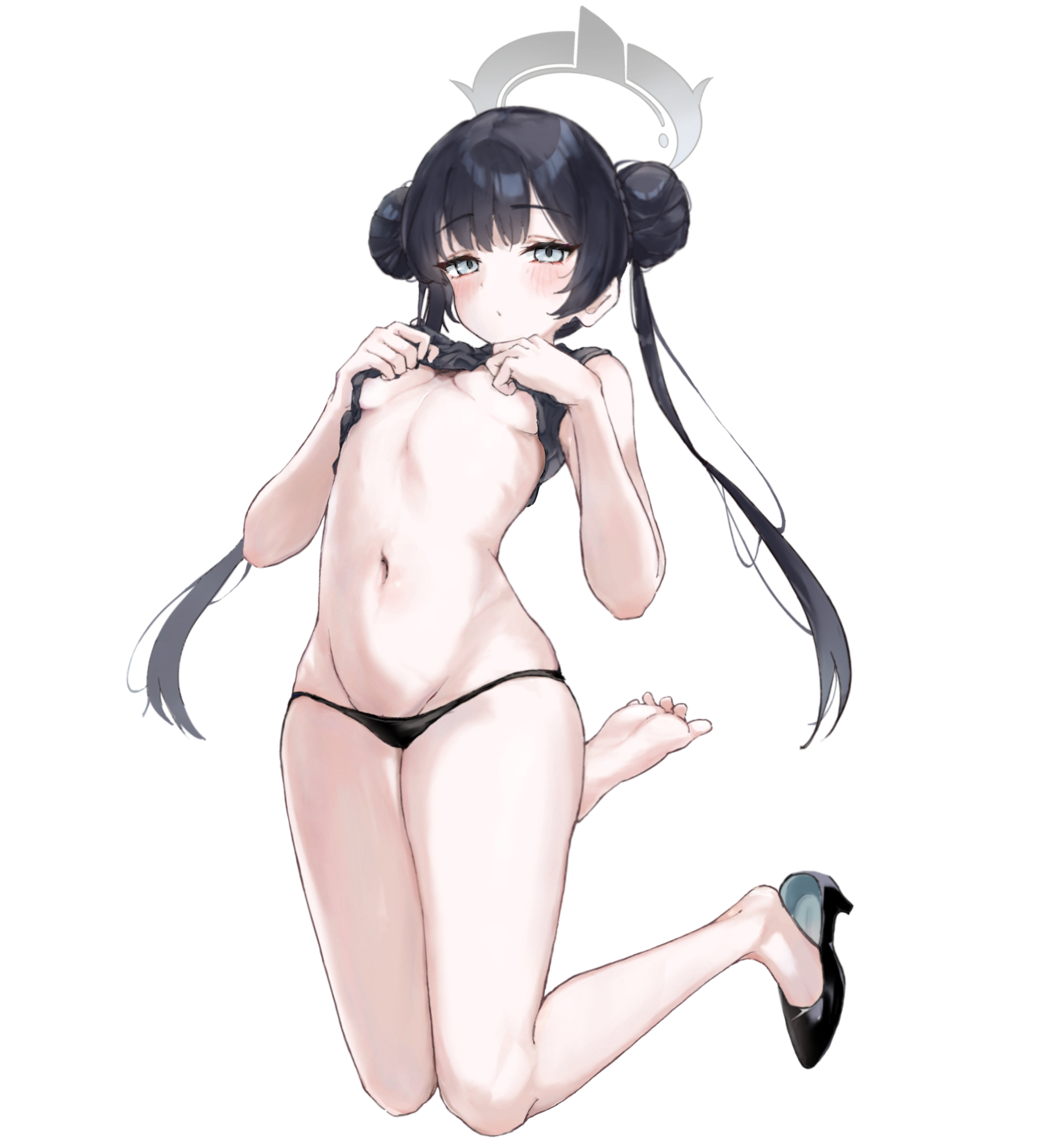 anniu (user vemd7787), kisaki (blue archive), blue archive, commentary, highres, 1girl, alternate costume, bare arms, barefoot, black hair, black panties, black shirt, blush, breasts, breasts apart, closed mouth, clothes lift, double bun, eyelashes, foot up, full body, grey eyes, grey halo, groin, hair between eyes, hair bun, halo, hands up, high heels, kneeling, lifting own clothes, long hair, looking at viewer, navel, panties, petite, ribs, shirt, shirt lift, shoes, sidelocks, simple background, single shoe, sleeveless, sleeveless shirt, small breasts, solo, stomach, straight hair, thighs, twintails, underboob, underwear, very long hair, white background