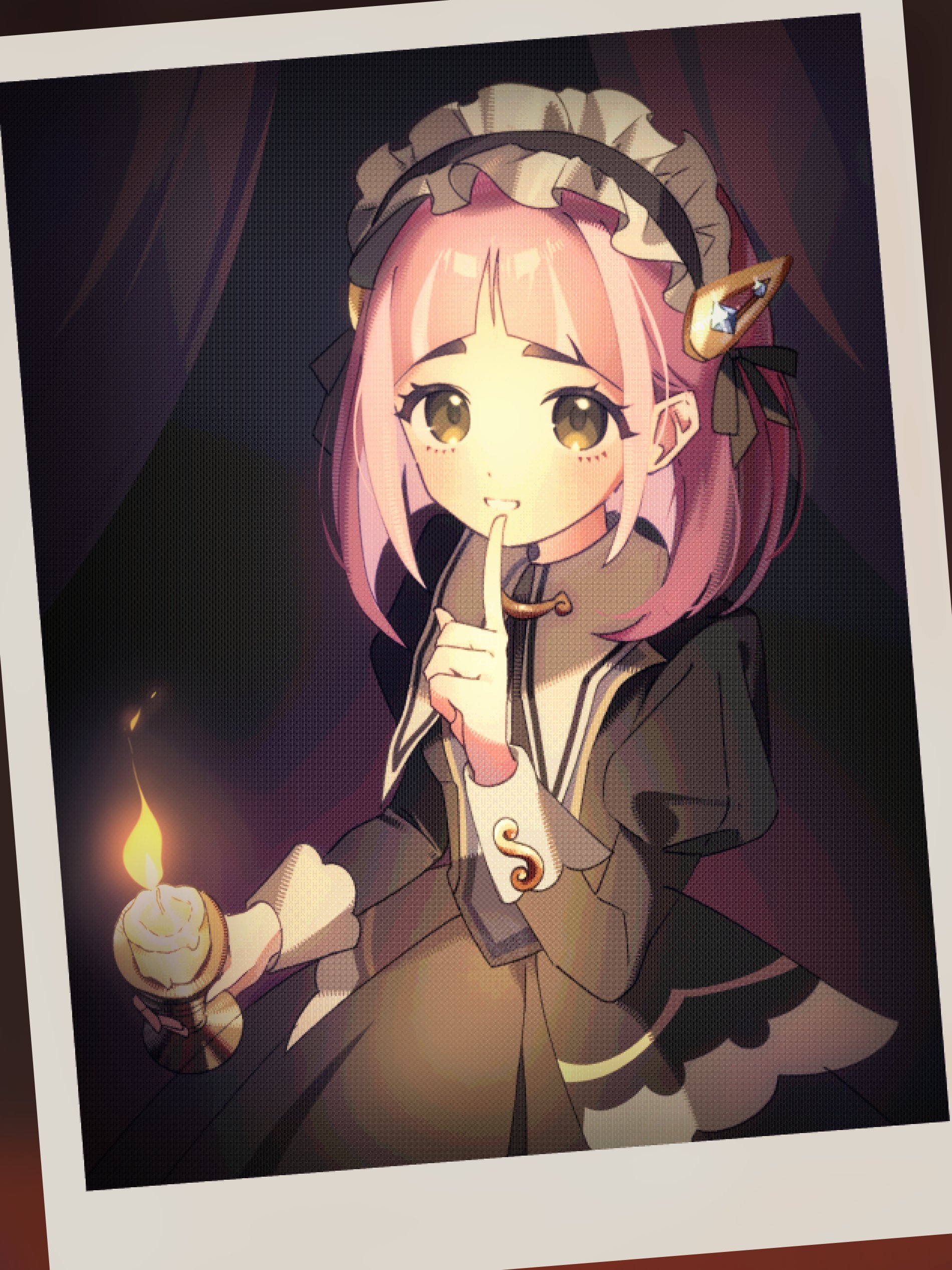 ebi (shrimp eleven), lacey (fall 2025) (pokemon), lacey (pokemon), nintendo, pokemon, pokemon masters ex, absurdres, commentary, highres, symbol-only commentary, 1girl, arched bangs, black dress, brown eyes, candle, candle wax, candlestand, dress, fire, hair ornament, hairclip, holding candlestand, index finger raised, juliet sleeves, long sleeves, maid, maid headdress, official alternate costume, photo (object), pink hair, puffy sleeves, short hair, solo