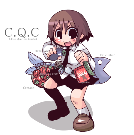 hys-d, oribe yasuna, kill me baby, original, lowres, 1girl, brand name imitation, brown hair, eggplant, female focus, fighting stance, fish, food, necktie, pocky, school uniform, short hair, skirt, solo, tomato