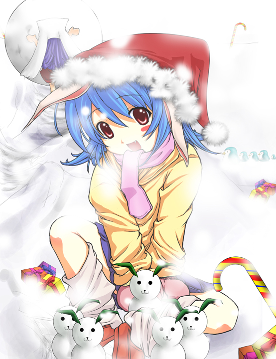 awahime, bunny (trickster), trickster (ntreev soft), 10s, animal ears, blue hair, blush, christmas, fang, hat, loose socks, open mouth, rabbit ears, red eyes, santa hat, scarf, short hair, sitting, skirt, snow, snowman, socks, solo