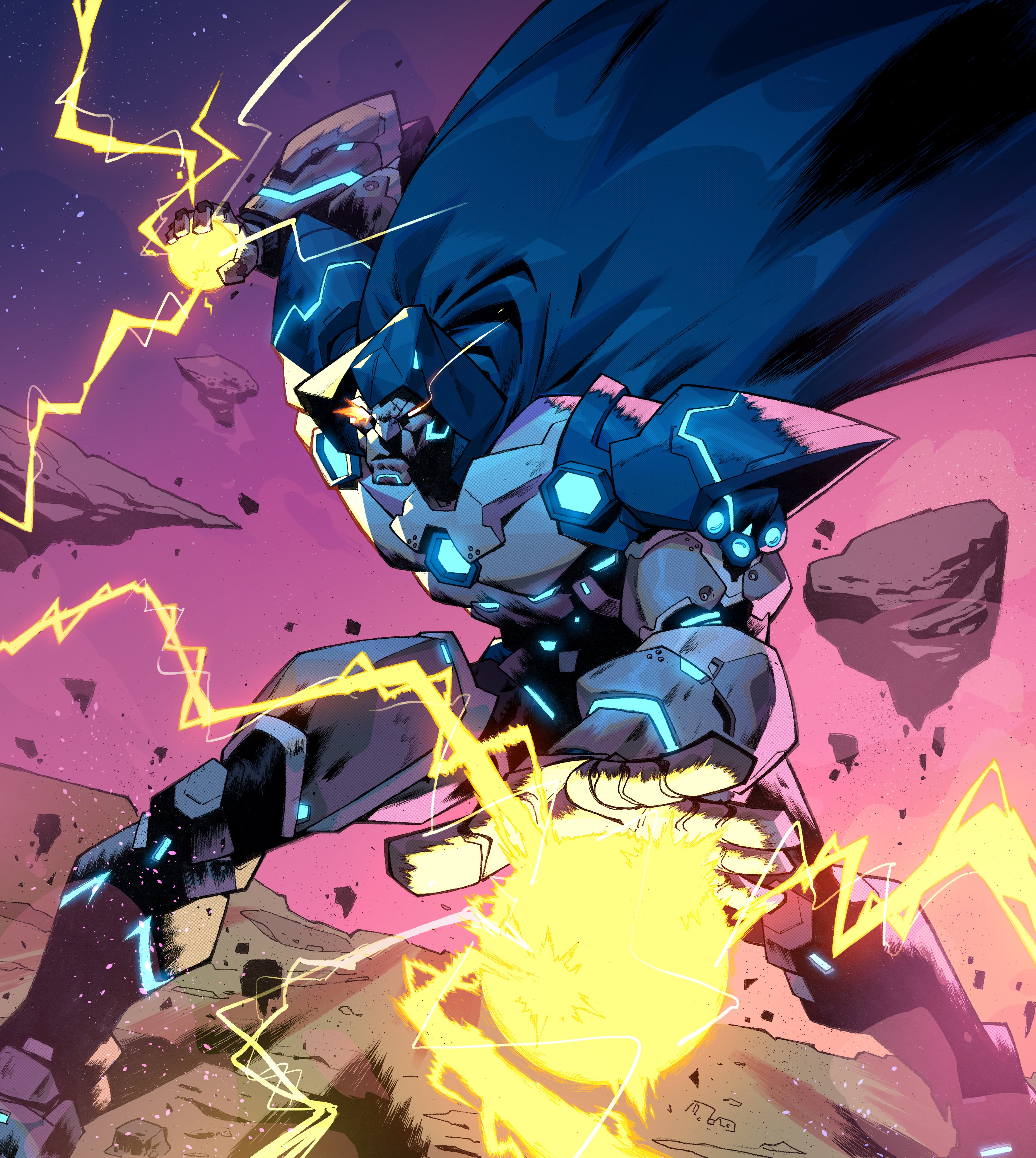 doctor doom, fantastic four, marvel, marvel snap, absurdres, highres, official art, 1boy, armor, blue cape, blue hood, cape, debris, doom 2099, dynamic pose, electricity, energy, energy ball, full armor, hood, hooded cape, leo chiola, lightning, male focus, mask, mecha, power armor, robot, rock, solo, superhero costume