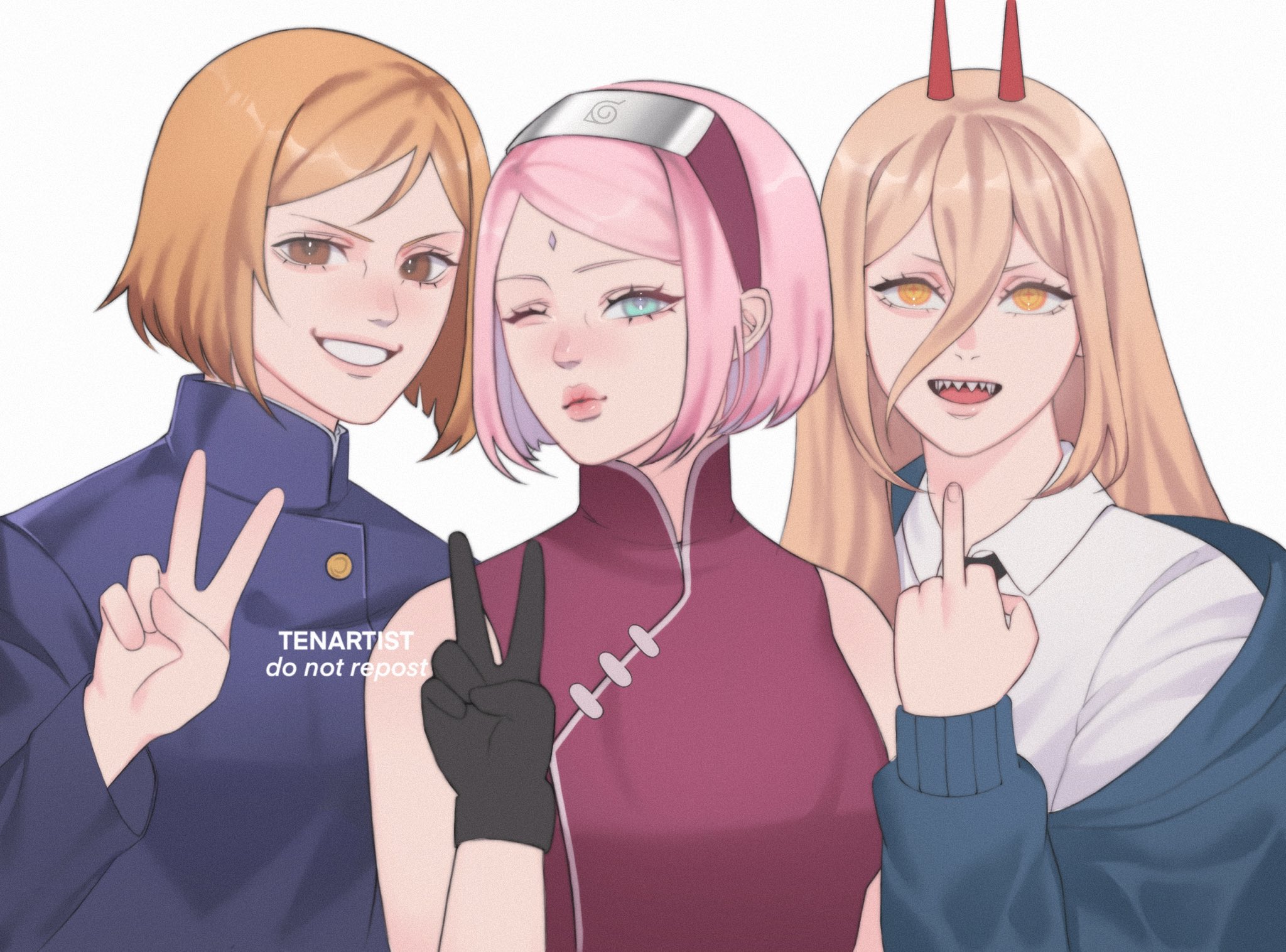 tenartistt, haruno sakura, kugisaki nobara, power (chainsaw man), chainsaw man, jujutsu kaisen, naruto (series), highres, 3girls, aqua eyes, artist name, bare shoulders, black gloves, black necktie, blonde hair, breasts, brown eyes, closed mouth, collared shirt, cross-shaped pupils, demon horns, dress, facial mark, forehead mark, gloves, hair between eyes, hairband, horns, jacket, jacket partially removed, jujutsu tech uniform, long hair, medium breasts, middle finger, multiple girls, necktie, one eye closed, open mouth, orange eyes, parted lips, pink hair, red dress, red hairband, red horns, sharp teeth, shirt, short hair, smile, swept bangs, symbol-shaped pupils, teeth, upper body, v, white background, white shirt