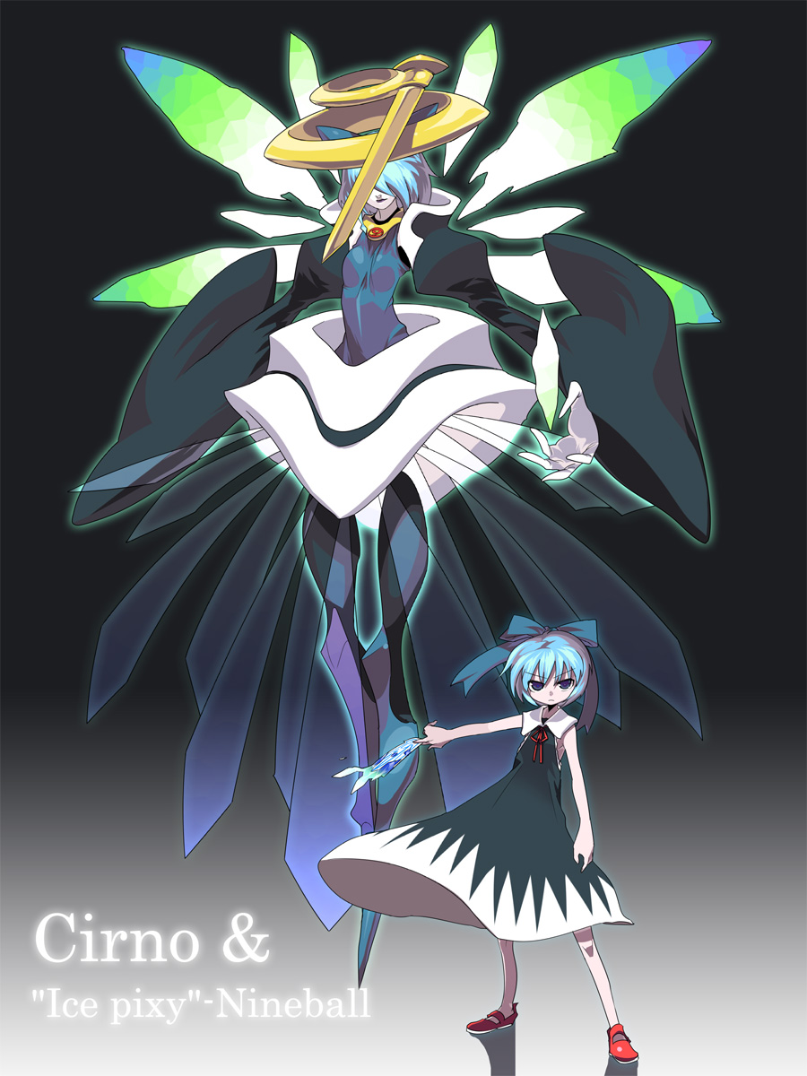 tsuru (artist), tsuru (clainman), cirno, atlus, persona, touhou, bad id, bad pixiv id, highres, 1girl, blue eyes, blue hair, bow, circled 9, dress, female focus, hair bow, mary janes, parody, shoes, sleeveless, wings