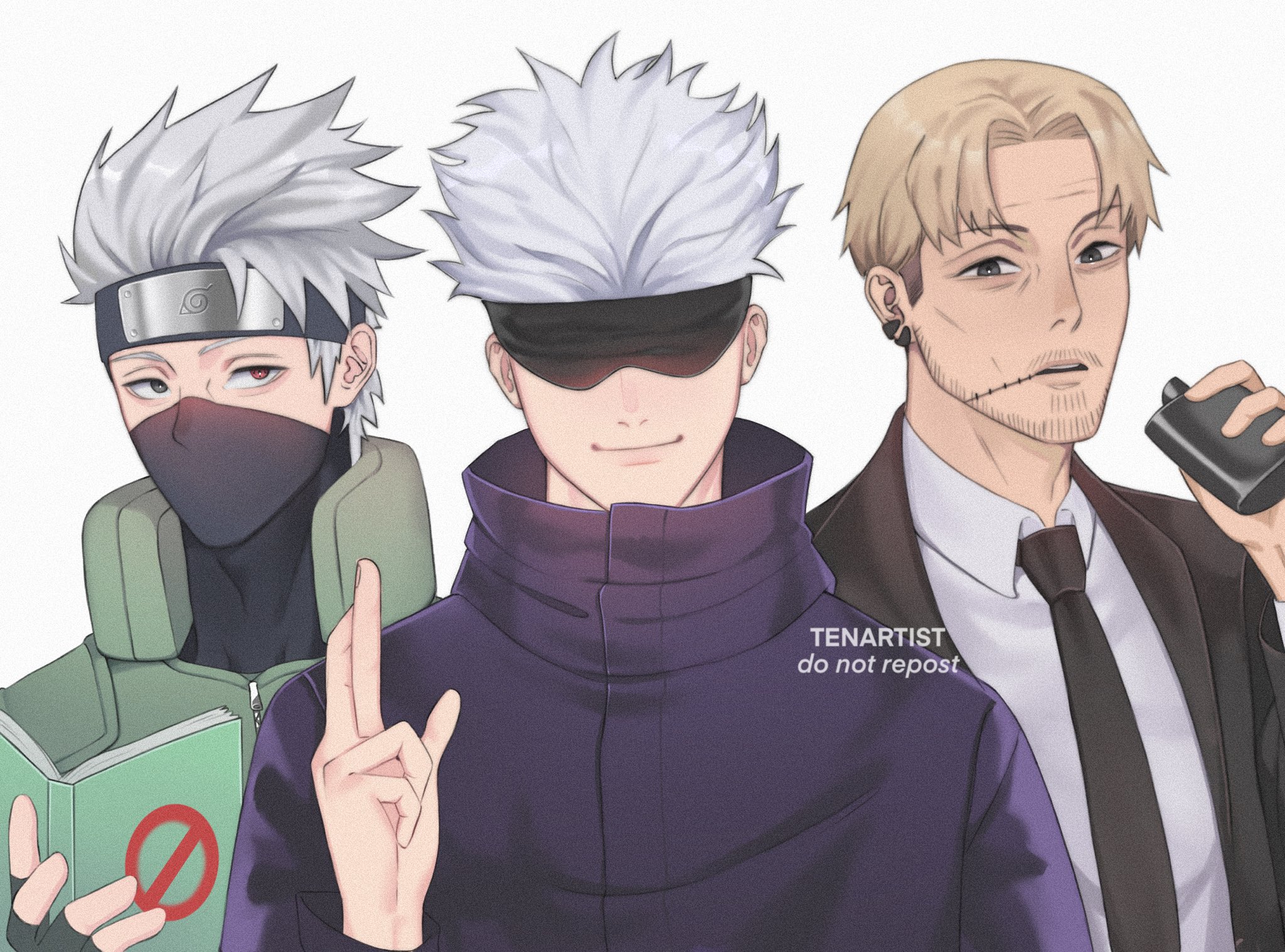 tenartistt, gojou satoru, hatake kakashi, kishibe (chainsaw man), chainsaw man, jujutsu kaisen, naruto (series), highres, 3boys, artist name, beard stubble, black gloves, black headband, black jacket, black mask, black necktie, blindfold, blonde hair, book, cheekbones, closed mouth, collared shirt, crossed fingers, earrings, facial hair, fingerless gloves, flask, gloves, green vest, grey eyes, grey hair, headband, heterochromia, holding, holding book, holding flask, jacket, jewelry, jujutsu tech uniform, male focus, mask, mature male, mouth mask, multiple boys, necktie, parted bangs, parted lips, reading, red eyes, sharp teeth, shirt, smile, stubble, suit jacket, teeth, upper body, vest, white background, white shirt, wrinkled skin