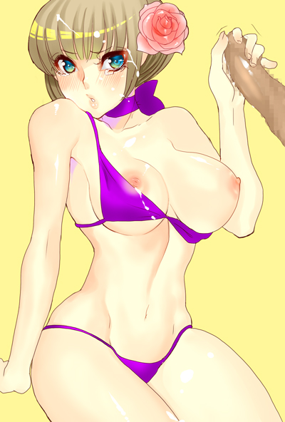murata tomohide, original, bad id, bad pixiv id, 1girl, bikini, blue eyes, blush, breasts, brown hair, censored, flower, handjob, large breasts, lips, looking at viewer, parted lips, penis, pink flower, pink rose, purple bikini, rose, short hair, simple background, solo focus, swimsuit, tears, yellow background