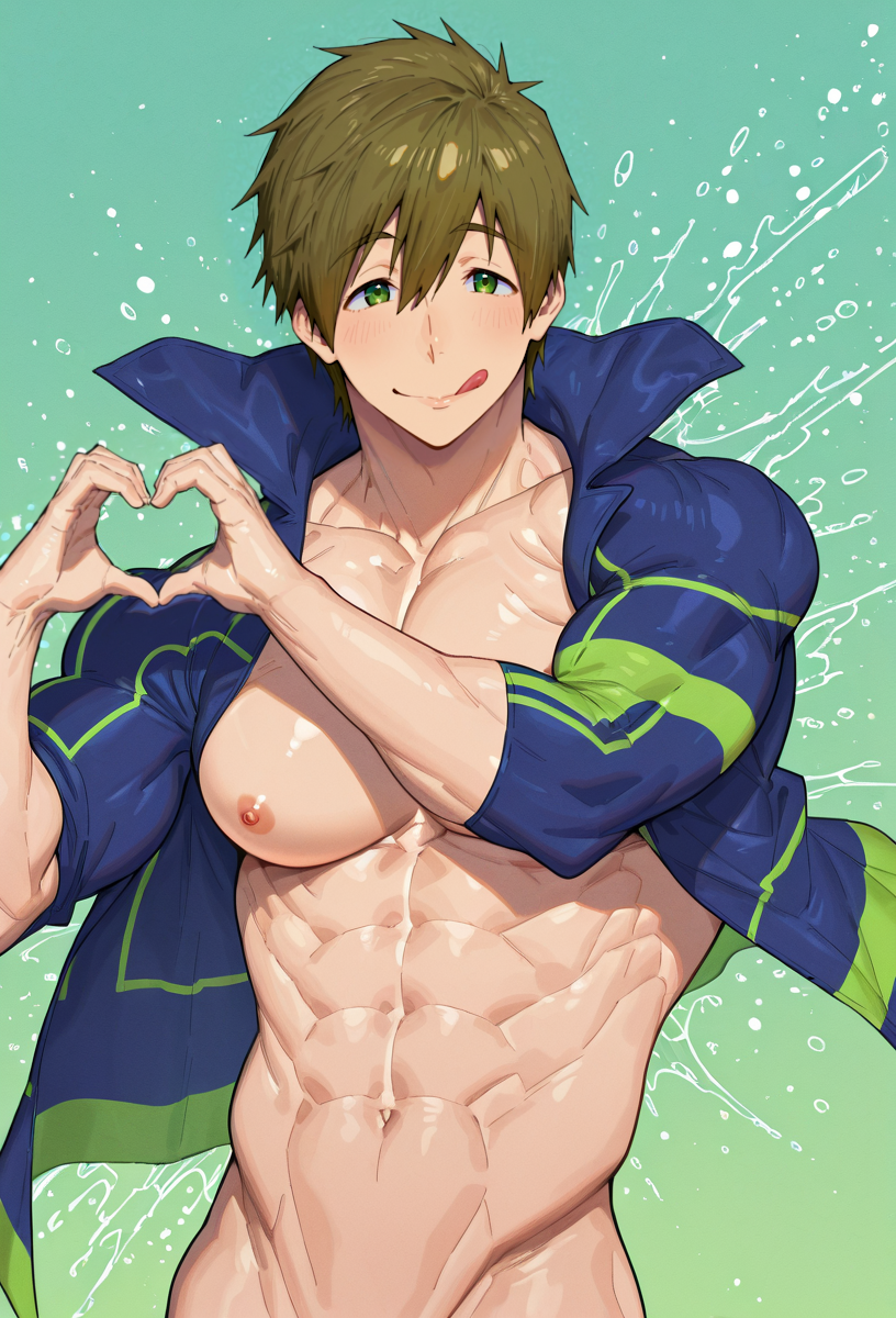 mabataki, tachibana makoto, free!, highres, non-web source, 1boy, abs, brown hair, looking at viewer, muscular, muscular male, navel, short hair, solo