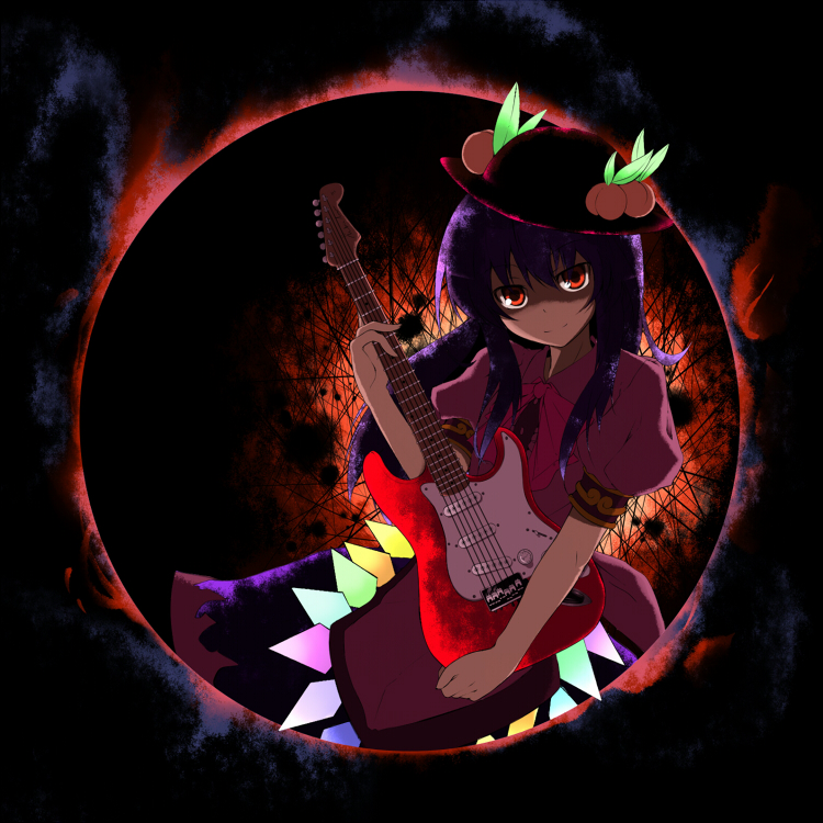 rondo umigame, rondo umigame (artist), hinanawi tenshi, touhou, bad id, bad pixiv id, 1girl, black background, circle, female focus, guitar, instrument, red eyes, solo, standing
