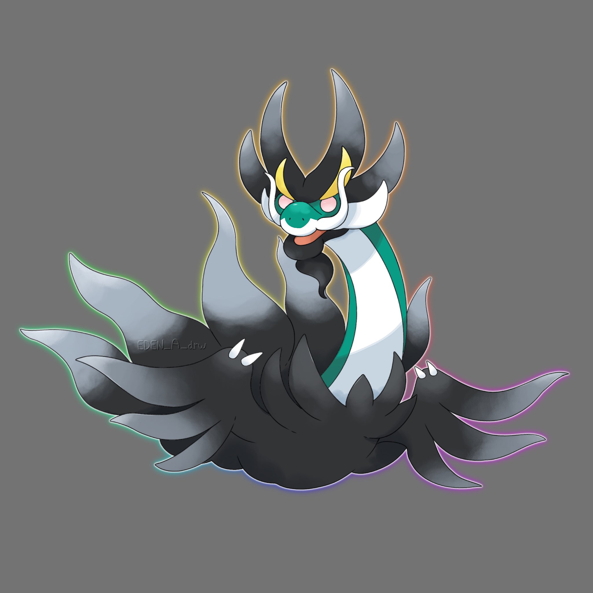 drampa, nintendo, pokemon, highres, aqua skin, black fur, colored skin, dragon, eden a drw, facial hair, gen 7 pokemon, goatee, horns, long neck, mega drampa, mega pokemon, mustache, pokemon (creature), pokemon focus, v-shaped eyebrows