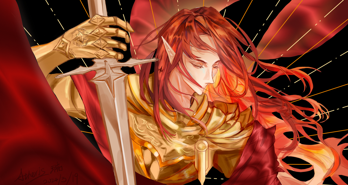 arytang, maedhros, the silmarillion, tolkien's legendarium, 1boy, armor, armored gloves, black background, closed eyes, elf, eyelashes, floating clothes, floating hair, gloves, gold armor, holding, holding sword, holding weapon, large ears, long hair, male focus, pointy ears, simple background, solo, sword, upper body, weapon