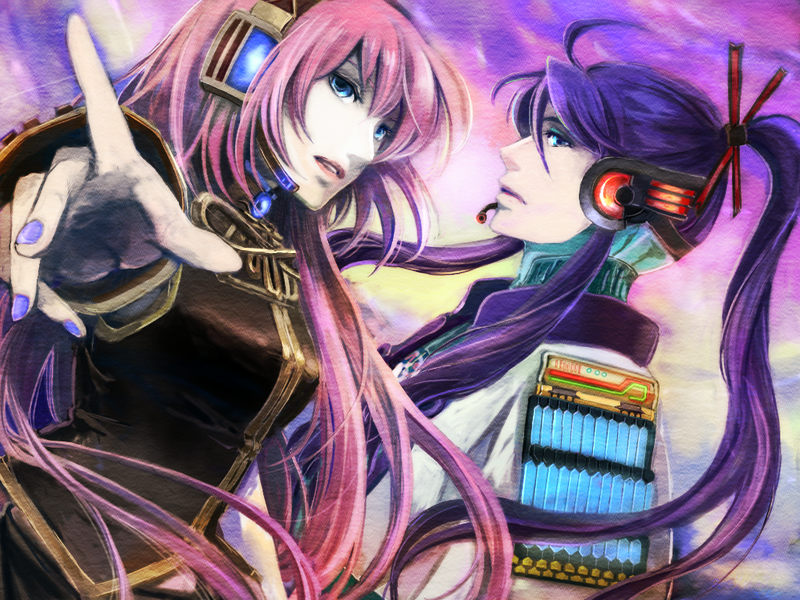 gomoku, kamui gakupo, megurine luka, vocaloid, blue eyes, foreshortening, long hair, pink hair, pointing, ponytail, purple hair