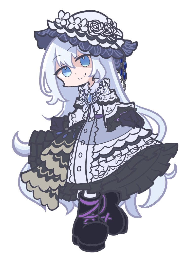 shinmon akika, mahou shoujo no majo saiban, puyopuyo, commentary, spoilers, symbol-only commentary, 1girl, black boots, black gloves, blue eyes, boots, closed mouth, dress, flower, frilled dress, frilled sleeves, frills, full body, gloves, hat, hat flower, long hair, long sleeves, looking at viewer, magical girl, parody, simple background, smile, solo, standing, style parody, takenami hideyuki (style), tsukishiro yuki, very long hair, white background, white dress, white flower, white hair, white hat