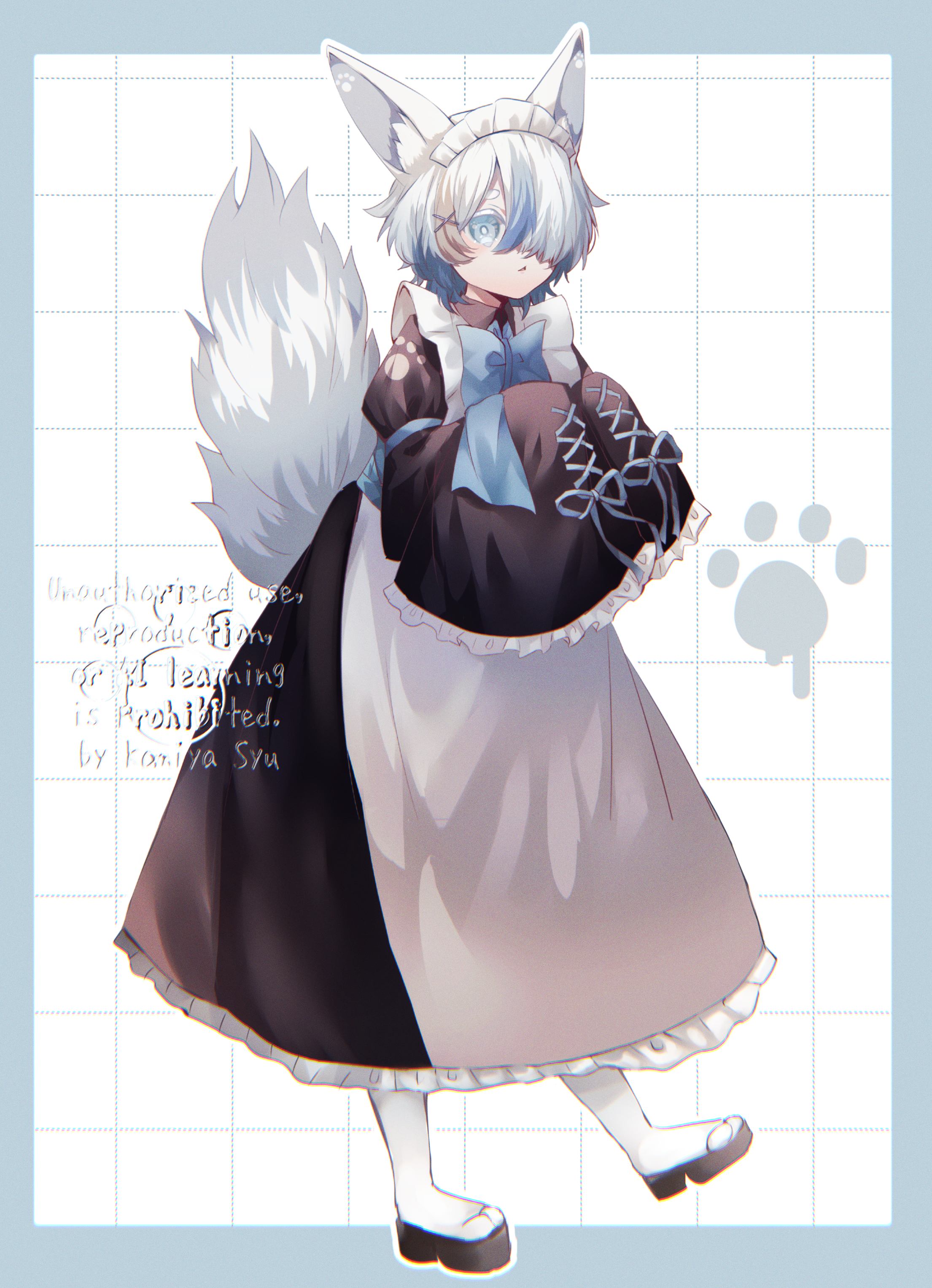 komiya shuu, original, absurdres, highres, 1boy, androgynous, animal ear fluff, animal ears, apron, blue border, blue eyes, blue hair, border, crossdressing, crossdressing (mtf), fluffy, fox, fox ears, fox tail, frills, full body, hair over one eye, looking at viewer, maid, maid apron, maid headdress, multicolored hair, paw print, puffy sleeves, ribbon, siblings, socks, solo, standing, streaked hair, tail, twins, white background, white hair, white socks, yukiharu (kitsunemiyoru)
