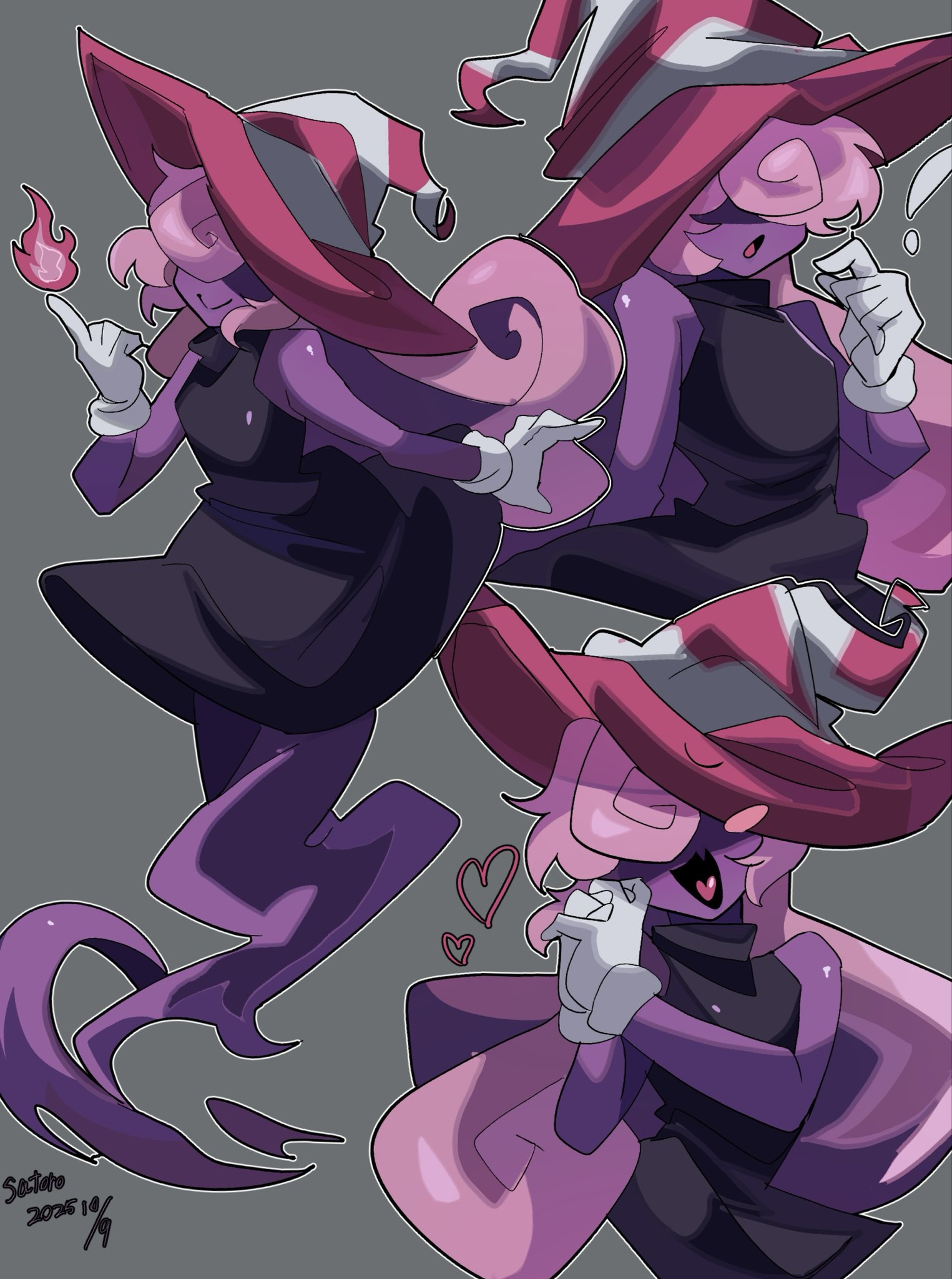 satoro301, vivian (paper mario), mario (series), nintendo, paper mario, paper mario: the thousand-year door, highres, artist name, bare shoulders, black dress, colored skin, curly hair, dated, dress, fire, ghost tail, gloves, grey background, hair over eyes, hat, heart, long hair, multicolored hair, multiple views, own hands together, pink hair, purple skin, red hat, smile, striped clothes, striped headwear, tongue, two-tone hair, white gloves, white hat, witch hat