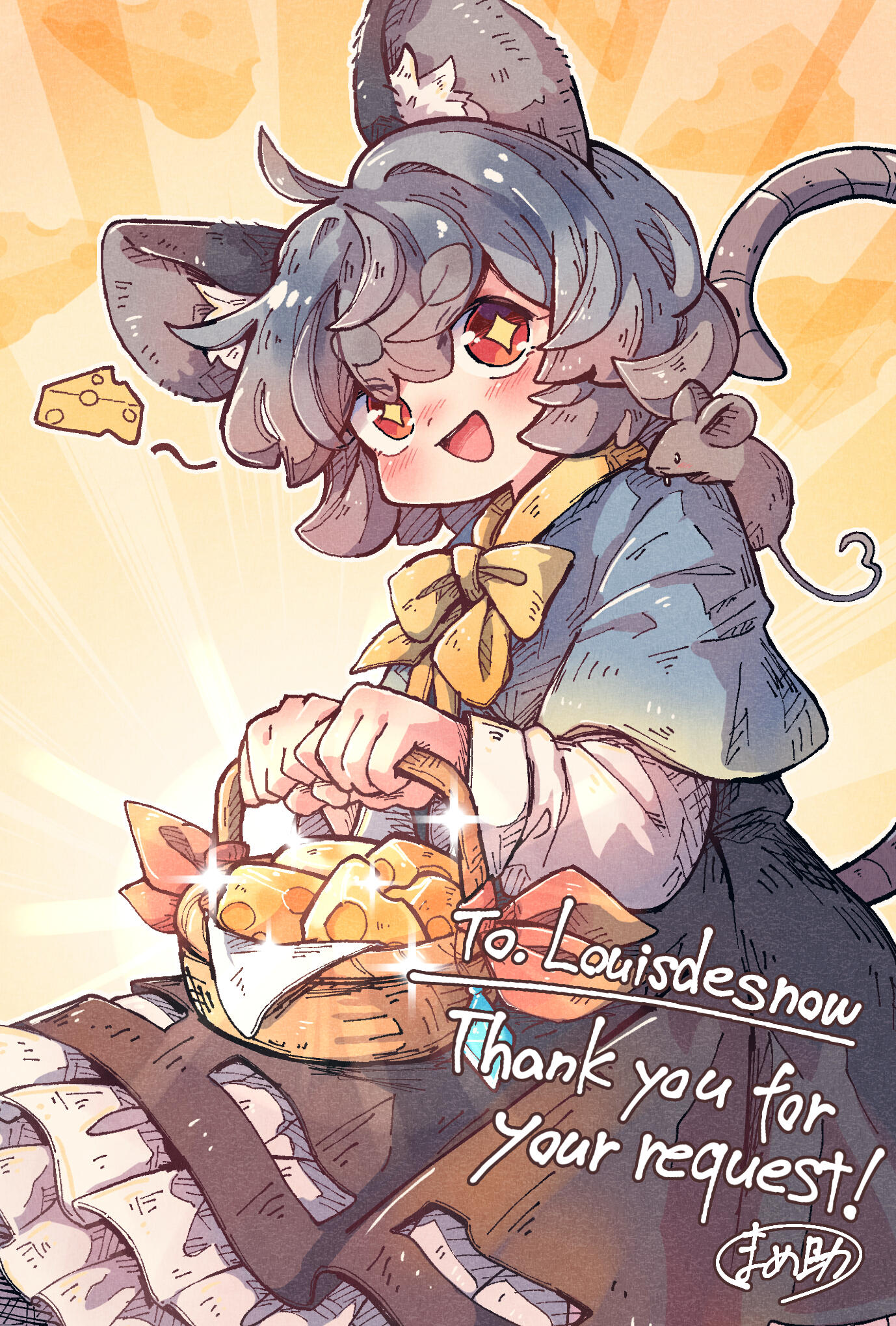 mame komari, nazrin, touhou, bad link, commission, highres, second-party source, skeb commission, 1girl, :d, ahoge, animal, animal ear fluff, animal ears, animal on shoulder, basket, blush, bow, bowtie, capelet, cheese, commissioner name, cowboy shot, dress, food, frilled dress, frills, grey capelet, grey dress, grey hair, holding, holding basket, long sleeves, looking at viewer, mouse (animal), mouse ears, mouse girl, mouse on shoulder, mouse tail, open mouth, red eyes, shirt, short hair, smile, solo, sparkle, sparkling eyes, spoken food, standing, tail, thank you, thick eyebrows, white shirt, yellow background, yellow bow, yellow bowtie