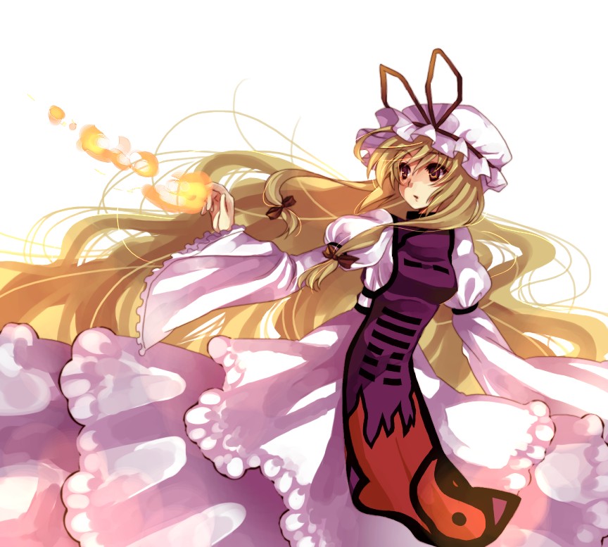 yutsuka, yutsuka (amyucca), yakumo yukari, touhou, 1girl, blonde hair, brown eyes, dress, female focus, hat, long dress, long hair, looking back, solo, tabard, very long hair