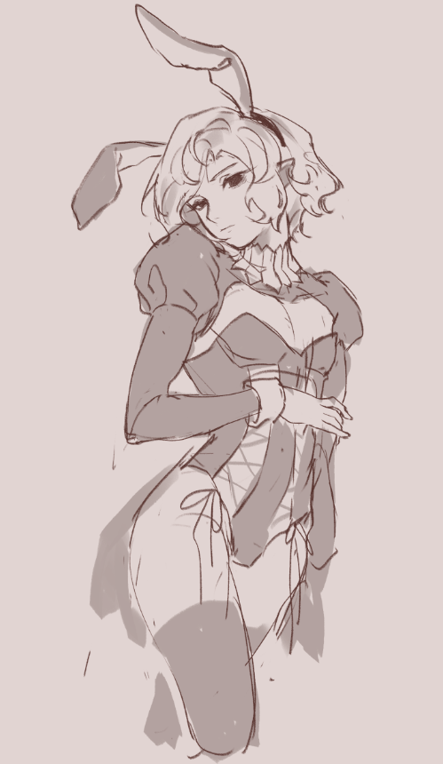 pluvioseprince, mithrun, dungeon meshi, 1boy, androgynous, animal ears, cleavage cutout, clothing cutout, corset, cowboy shot, crossdressing, crossdressing (mtf), drawstring, fake animal ears, male playboy bunny, medium hair, monochrome, rabbit ears, solo, standing, thighhighs, tied drawstring, trap