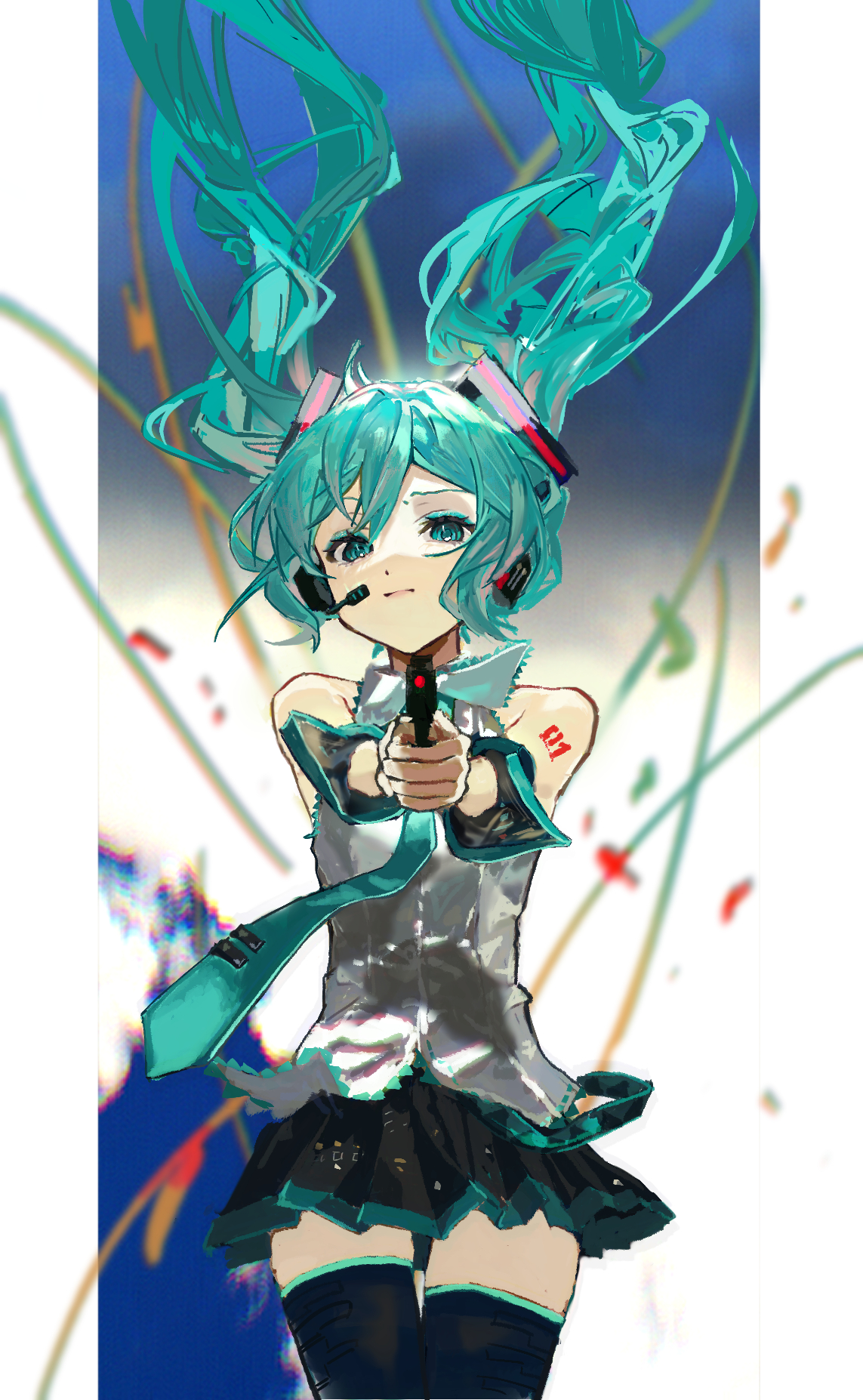 hatsune miku, vocaloid, commentary, highres, 1girl, aiming, aiming at viewer, aqua eyes, aqua hair, aqua necktie, bare shoulders, black skirt, black sleeves, collared shirt, dated commentary, detached sleeves, finger on trigger, floating hair, gun, headphones, headset, holding, holding gun, holding weapon, long hair, looking at viewer, microphone, necktie, number tattoo, pleated skirt, pudding (puddingpuddinh), shirt, shoulder tattoo, skirt, sleeveless, sleeveless shirt, solo, tattoo, twintails, weapon, white shirt