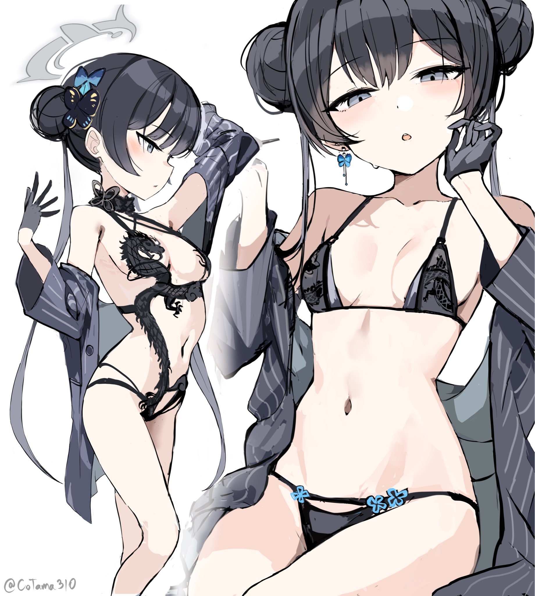 cotama, kisaki (blue archive), blue archive, commentary, highres, symbol-only commentary, 1girl, alternate costume, bare shoulders, bikini, black bikini, black hair, black one-piece swimsuit, breasts, breasts apart, butterfly earrings, butterfly hair ornament, double bun, dragon print, earrings, gloves, grey eyes, grey gloves, grey halo, grey jacket, hair bun, hair ornament, halo, jacket, jewelry, long hair, looking at viewer, multiple views, narrowed eyes, navel, off shoulder, one-piece swimsuit, parted lips, pinstripe jacket, pinstripe pattern, sideboob, simple background, single earring, sitting, small breasts, standing, stomach, swimsuit, twintails, twitter username, very long hair, white background