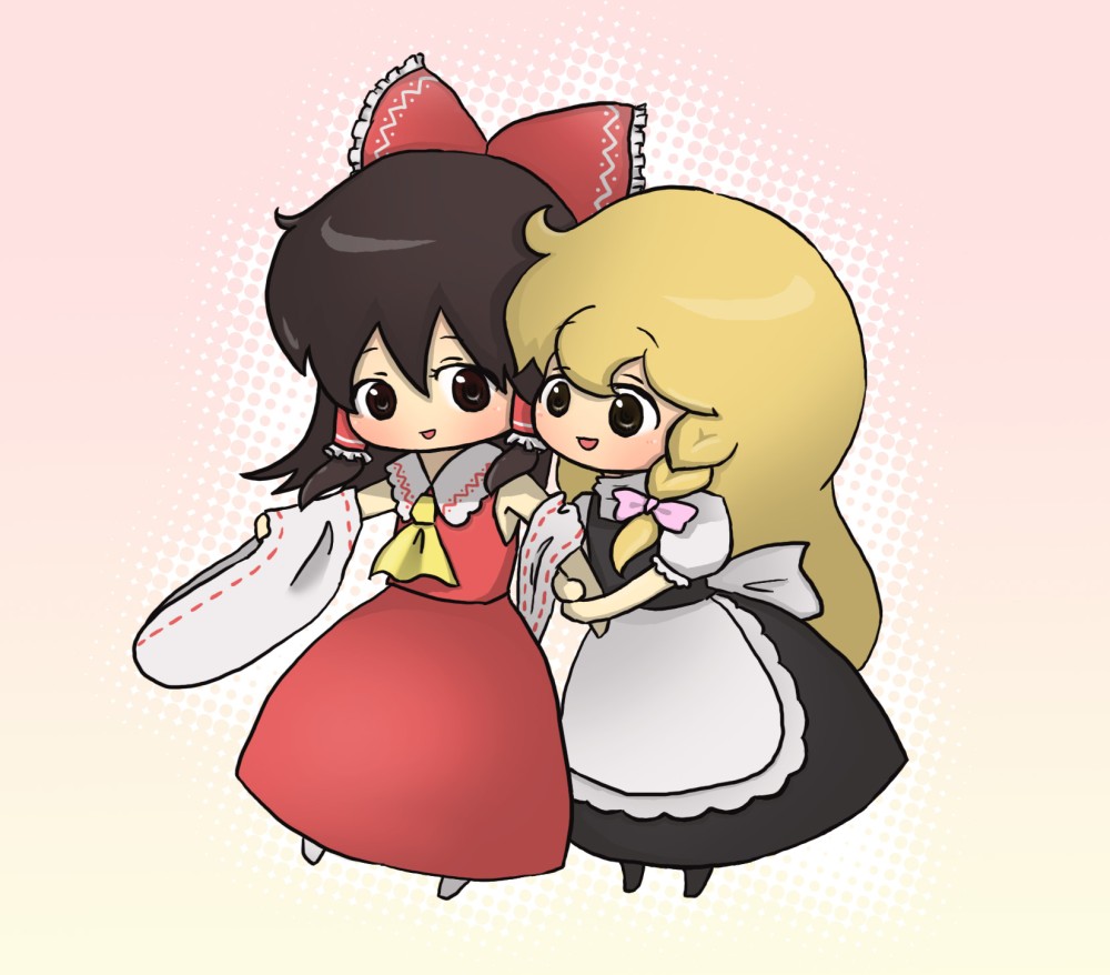 yu-ki(pixiv), yu-ki (ones courage), hakurei reimu, kirisame marisa, touhou, 2girls, black hair, blonde hair, bow, braid, brown eyes, brown hair, chibi, detached sleeves, female focus, full body, gradient background, hair ribbon, halftone, halftone background, japanese clothes, miko, multiple girls, ribbon, skirt, white background