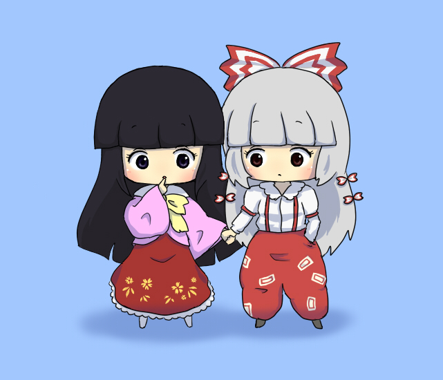 yu-ki(pixiv), yu-ki (ones courage), fujiwara no mokou, houraisan kaguya, touhou, silver hair, 2girls, black hair, blue eyes, brown eyes, chibi, female focus, hair ribbon, holding hands, long hair, multiple girls, ribbon, simple background