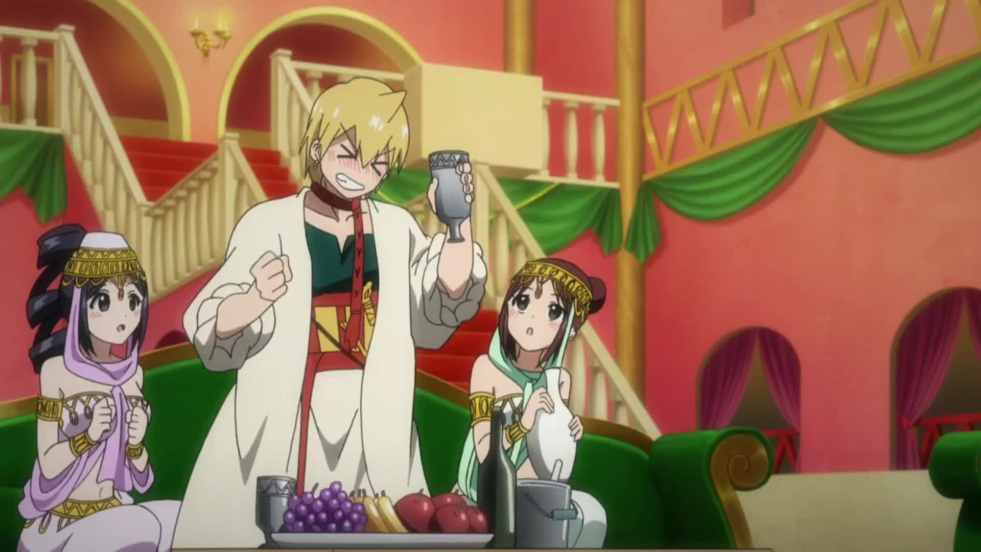 aladdin (magi), alibaba saluja, magi the labyrinth of magic, animated, audible speech, english audio, highres, sound, tagme, video, arabian clothes, between breasts, breasts, face between breasts, head between breasts, indoors, margaret (magi), marugarēta (magi), muscular, muscular female, o o, sitting, tall female, ugly woman