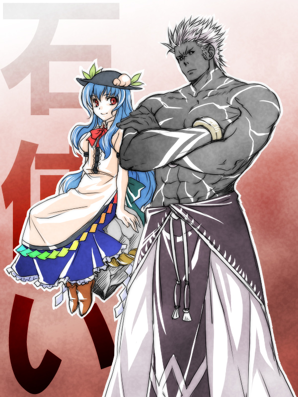 esaka, hinanawi tenshi, mukai (king of fighters), mukai (kof), m.u.g.e.n, snk, the king of fighters, touhou, 1boy, 1girl, colored skin, crossover, grey skin, power connection