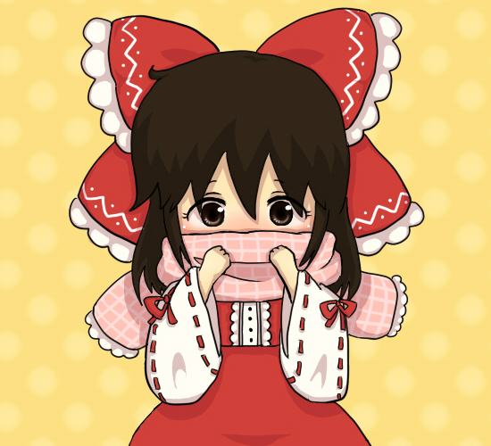 yu-ki(pixiv), yu-ki (ones courage), hakurei reimu, perfect cherry blossom, touhou, 1girl, bow, brown eyes, brown hair, chibi, detached sleeves, female focus, japanese clothes, miko, scarf, solo