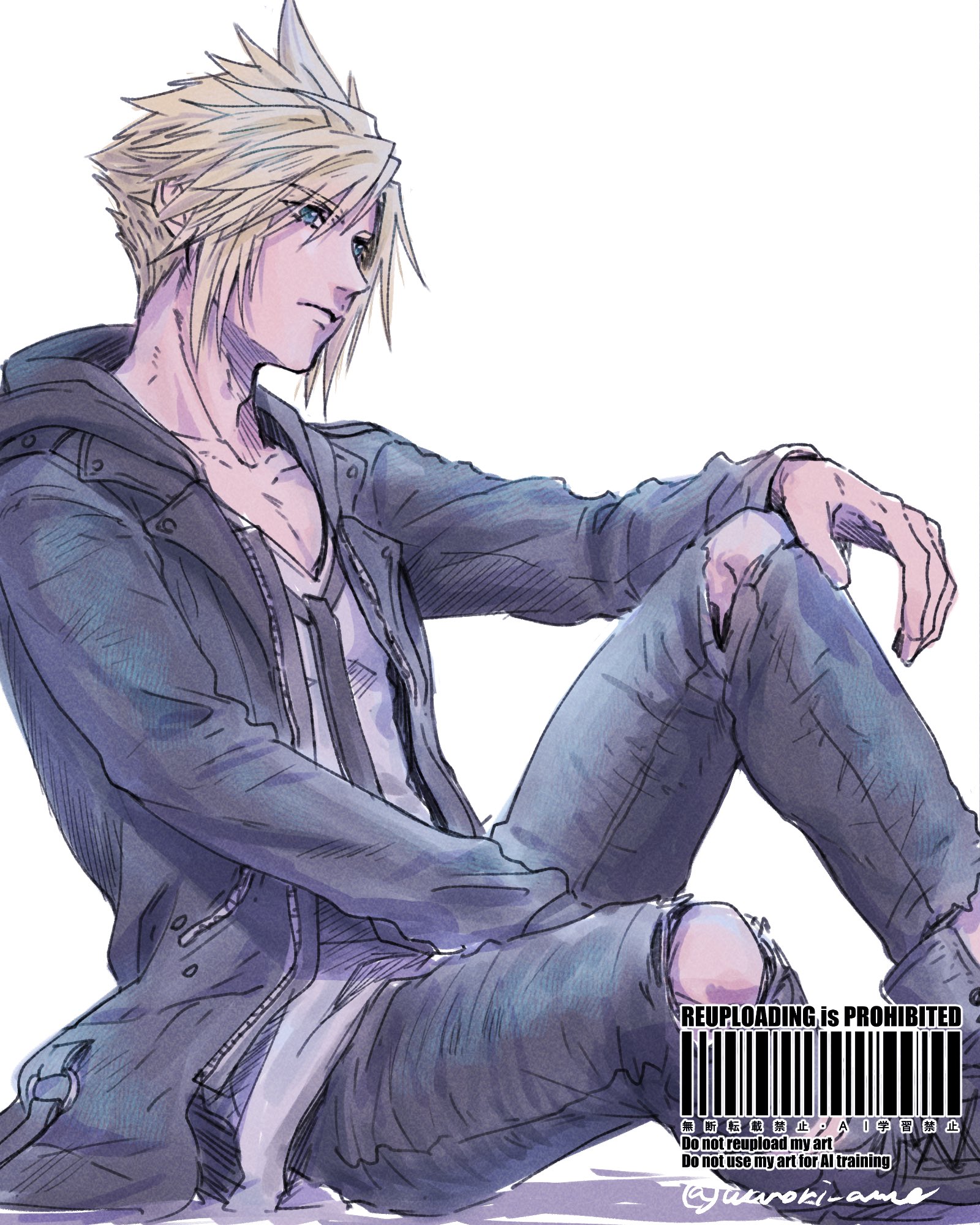 warori anne, cloud strife, dissidia final fantasy, final fantasy, final fantasy vii, highres, 1boy, black jacket, blonde hair, blue eyes, closed mouth, collarbone, denim, feet out of frame, from side, jacket, jeans, knees up, long sleeves, male focus, official alternate costume, open clothes, open jacket, pants, short hair, sitting, solo, spiked hair, torn clothes, torn pants, twitter username, v-neck, watermark, white background
