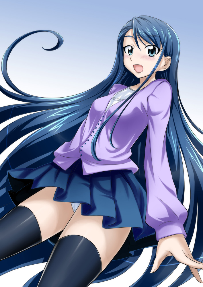 nakahira guy, minazuki karen, precure, yes! precure 5, md5 mismatch, 00s, 1girl, black thighhighs, blue eyes, blue hair, blush, embarrassed, eyelashes, female focus, gradient background, long hair, matching hair/eyes, open mouth, panties, pantyshot, skirt, solo, thighhighs, underwear, very long hair, white panties, zettai ryouiki
