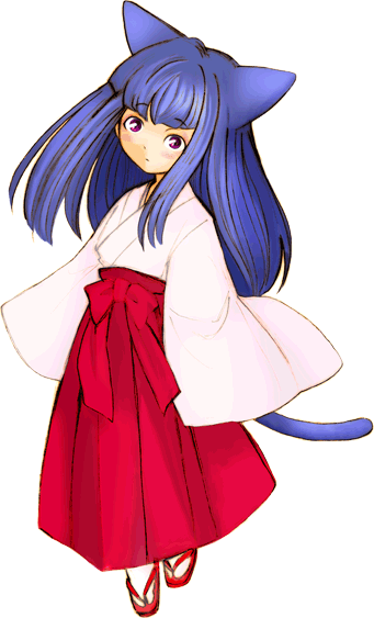 chanagi, furude rika, higurashi no naku koro ni, bad id, bad pixiv id, 00s, animal ears, blue hair, cat ears, cat tail, japanese clothes, long sleeves, miko, purple eyes, solo, tail, transparent background