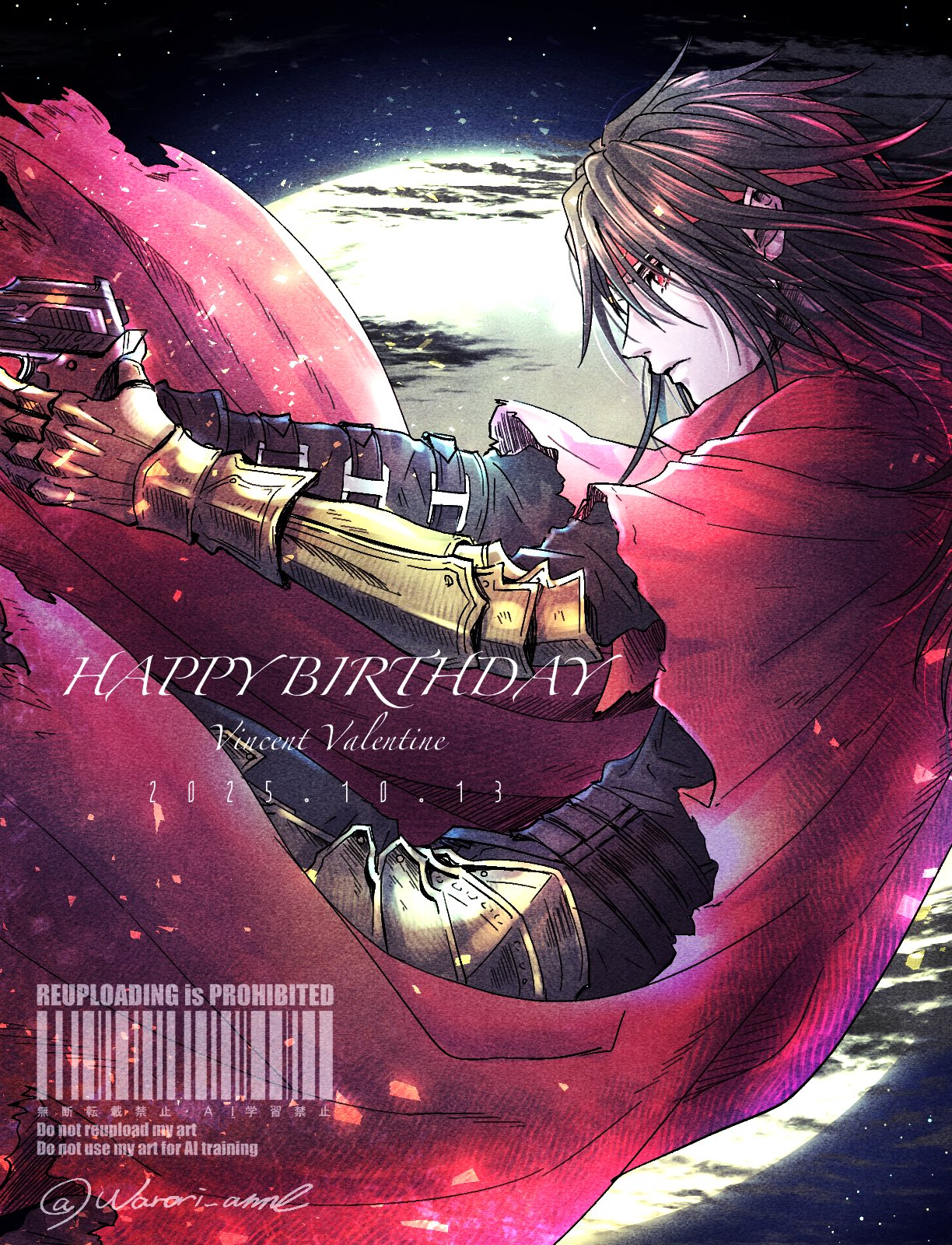 warori anne, vincent valentine, final fantasy, final fantasy vii, final fantasy vii rebirth, final fantasy vii remake, commentary request, highres, 1boy, birthday, black hair, cape, cloak, closed mouth, from side, full moon, gauntlets, gun, happy birthday, headband, holding, holding gun, holding weapon, long hair, male focus, moon, night, night sky, profile, red cape, red cloak, red eyes, red headband, single gauntlet, sky, solo, twitter username, watermark, weapon