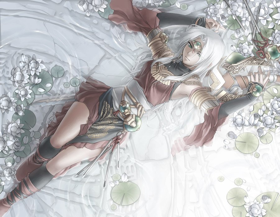 shilin, blackbird, veloce visrin, blackbird (shilin), carciphona, 1girl, fantasy, female focus, flower, green eyes, long hair, lying, solo, sword, water, weapon, white hair