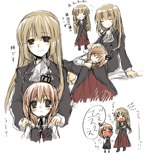 suzushiro kurumi, ushiromiya maria, ushiromiya natsuhi, ushiromiya rosa, umineko no naku koro ni, 00s, 2girls, age difference, angry, blonde hair, blush, child, dress, hime cut, lap pillow, mother and daughter, multiple girls, red hair, sleeping, smile, tears, uu~
