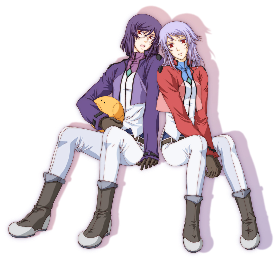 himidori yuu, hisui yuu, anew returner, haro, tieria erde, gundam, gundam 00, 00s, 1boy, 1girl, full body, glasses, innovators (gundam 00), purple hair, red eyes, sitting, white background