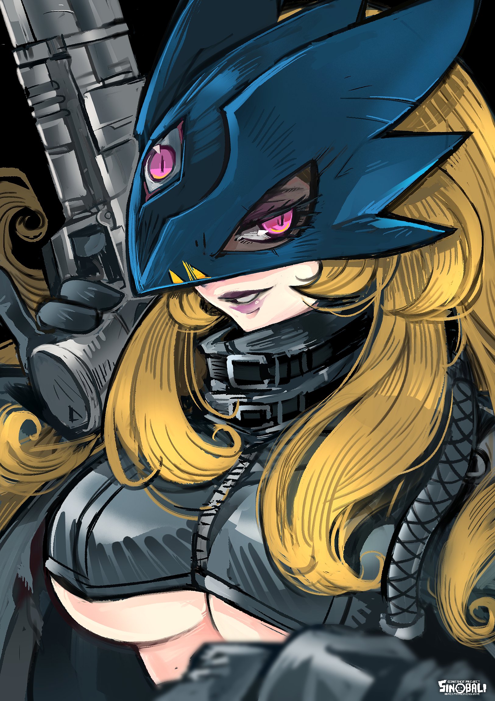 sinobali, beelstarmon, digimon, highres, 1girl, black background, black gloves, blonde hair, blue mask, blurry, blurry foreground, breasts, digimon (creature), eye mask, gloves, gun, holding, holding gun, holding weapon, large breasts, long hair, mask, parted lips, purple eyes, simple background, smile, solo, third eye, underboob, upper body, weapon