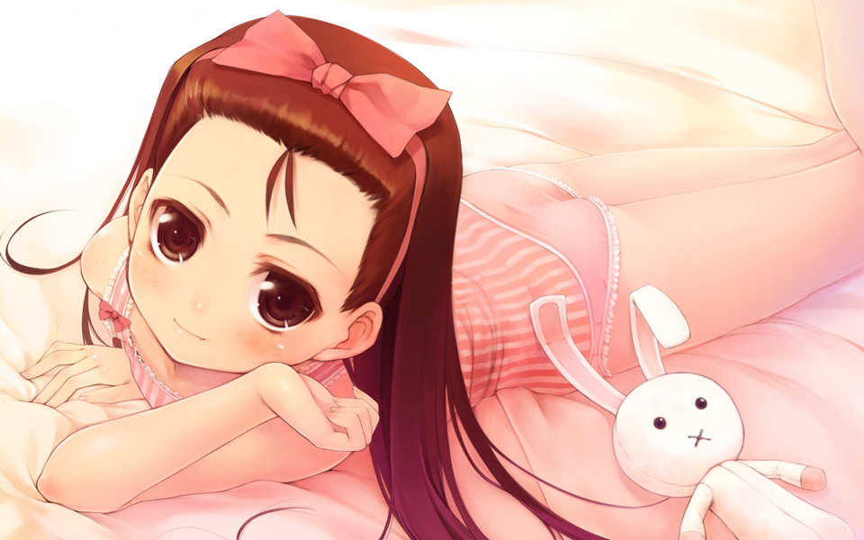chinchickrin, minase iori, idolmaster, idolmaster (classic), idolmaster 1, 00s, 1girl, bed sheet, brown eyes, brown hair, female focus, long hair, lying, on stomach, panties, rabbit, solo, stuffed animal, stuffed rabbit, stuffed toy, underwear