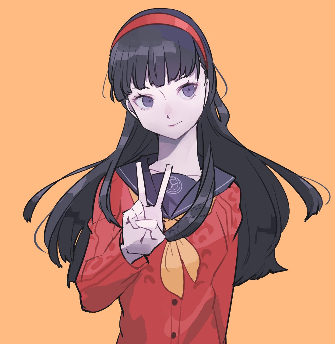 amagi yukiko, persona, persona 4, 1girl, awakeri99, black hair, black sailor collar, blunt bangs, breasts, closed mouth, grey eyes, hairband, long hair, medium breasts, necktie, orange background, orange necktie, red hairband, red shirt, sailor collar, shirt, smile, solo, upper body, v