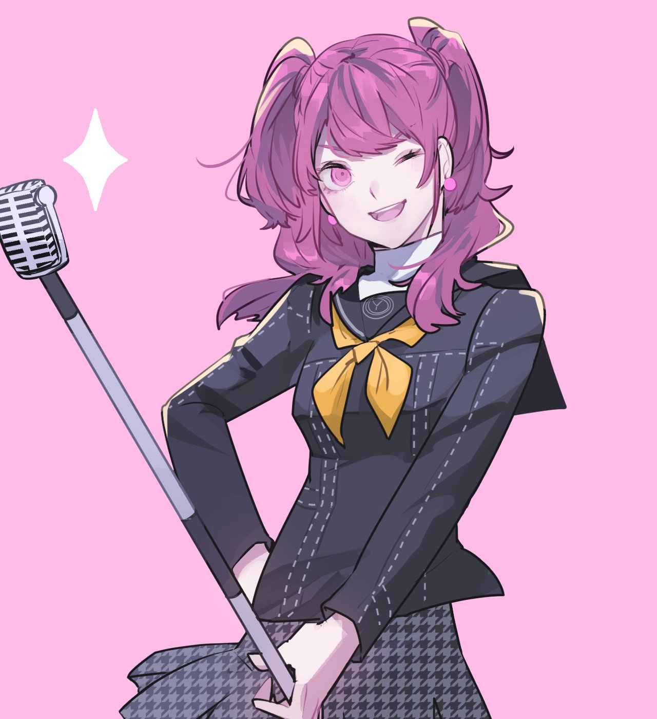 kujikawa rise, persona, persona 4, highres, 1girl, awakeri99, black sailor collar, black shirt, breasts, earrings, hand on own hip, holding, holding microphone stand, jewelry, long hair, medium breasts, microphone stand, neckerchief, one eye closed, open mouth, pink background, pink eyes, pink hair, print skirt, sailor collar, school uniform, shirt, skirt, smile, solo, twintails, undershirt, upper body, white shirt, yellow neckerchief