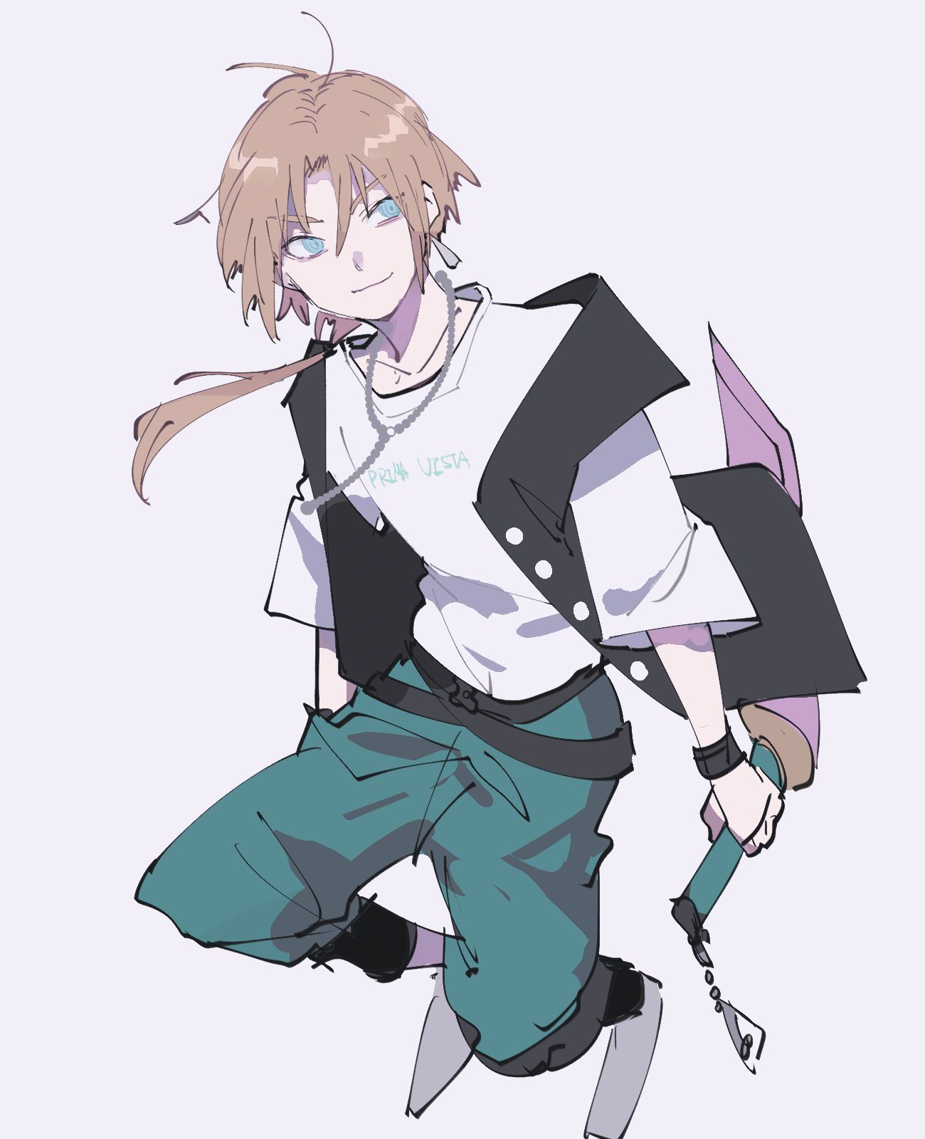 zidane tribal, final fantasy, final fantasy ix, highres, 1boy, awakeri99, belt, black belt, black vest, blonde hair, blue eyes, blue pants, chain, chain necklace, closed mouth, dissidia duellum final fantasy, floating, full body, grey background, hair between eyes, hair over shoulder, holding, holding sword, holding weapon, jewelry, light smile, low ponytail, male focus, multiple belts, necklace, official alternate costume, pants, parted bangs, ponytail, shirt, shoes, sketch, smile, solo, sword, vest, weapon, white shirt, white shoes