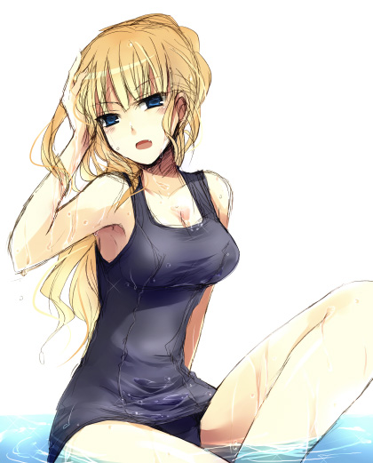 suzushiro kurumi, beatrice (umineko), umineko no naku koro ni, 00s, 1girl, blonde hair, blue eyes, breasts, cleavage, female focus, large breasts, long hair, one-piece swimsuit, ponytail, school swimsuit, solo, swimsuit, water, wet