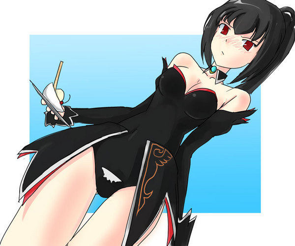 belphegor (umineko), higurashi no naku koro ni, umineko no naku koro ni, 00s, 1girl, angel mort, black hair, blush, breasts, cleavage, detached collar, detached sleeves, female focus, leotard, medium breasts, ponytail, red eyes, solo