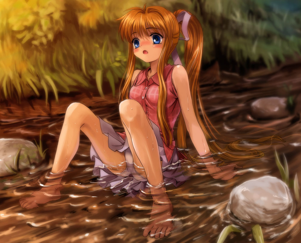 mutsuki (moonknives), kamio misuzu, air (visual novel), key (company), 00s, 1girl, barefoot, blonde hair, blue eyes, blush, brown hair, feet, female focus, hair ribbon, long hair, miniskirt, outdoors, panties, pantyshot, ponytail, ribbon, river, skirt, soaking feet, solo, spread legs, toes, underwear, upskirt, water, wet, wet clothes