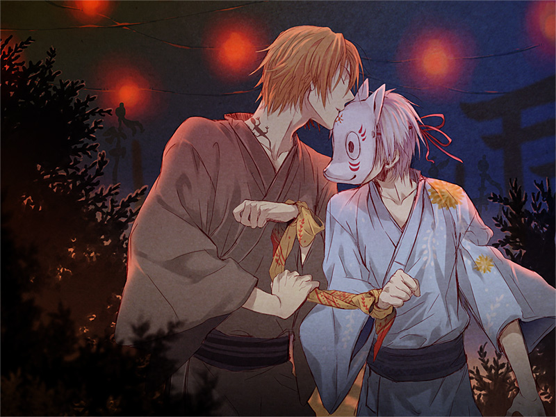 hoka (pixiv447582), natori shuichi, natsume takashi, natsume yuujinchou, bad id, bad pixiv id, 00s, 2boys, couple, festival, fox mask, grey hair, japanese clothes, kimono, kiss, male focus, mask, multiple boys, nature, night, orange hair, outdoors, red hair, ribbon, sky, tattoo, torii, yaoi
