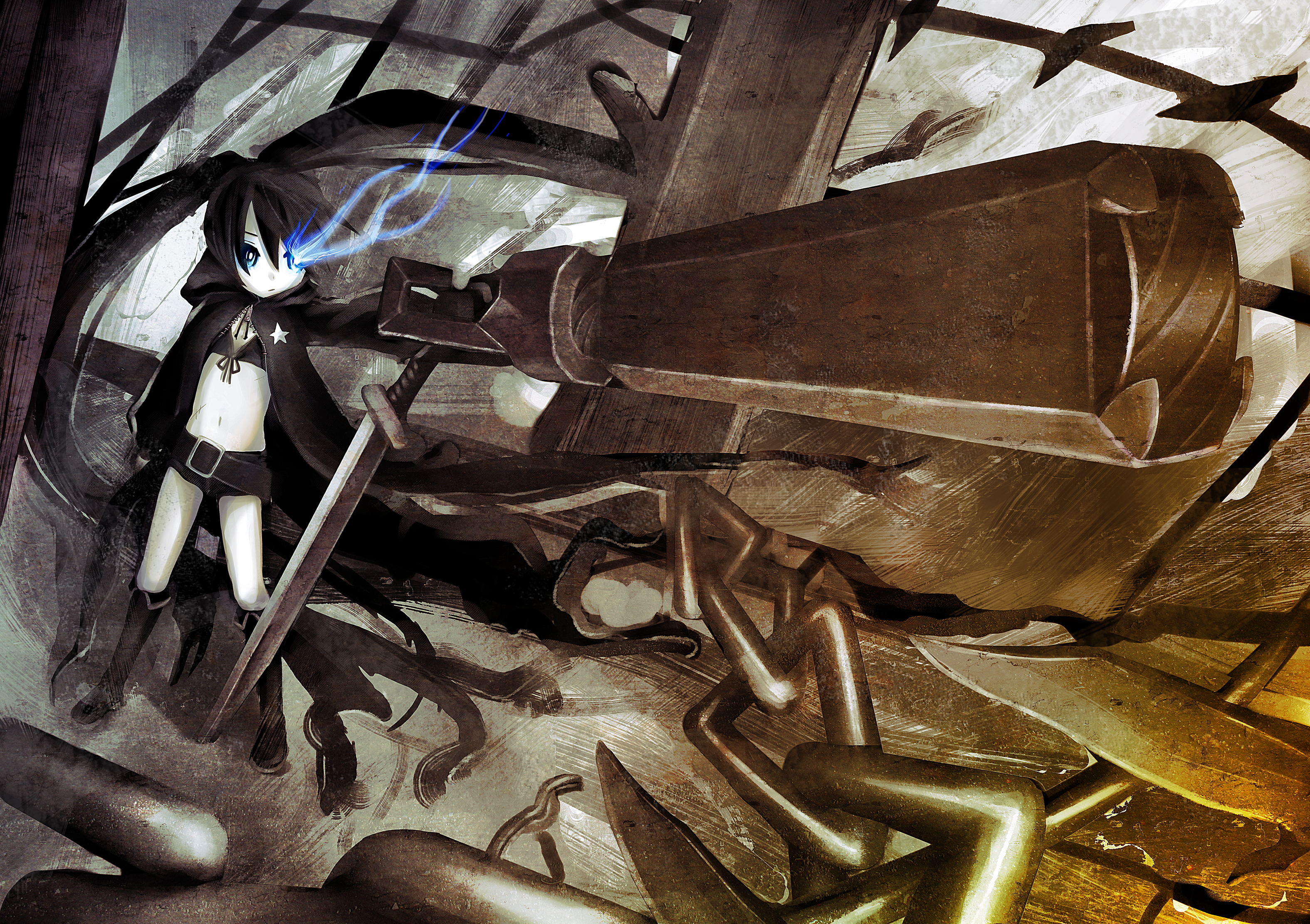sakimiya naon, black rock shooter (character), black rock shooter, highres, 1girl, arm cannon, belt, bikini, black hair, black shorts, blue eyes, blue fire, fire, flaming eye, flat chest, front-tie bikini top, front-tie top, glowing, glowing eye, long hair, no shirt, pale skin, rock cannon, scar, shorts, swimsuit, sword, twintails, uneven twintails, weapon