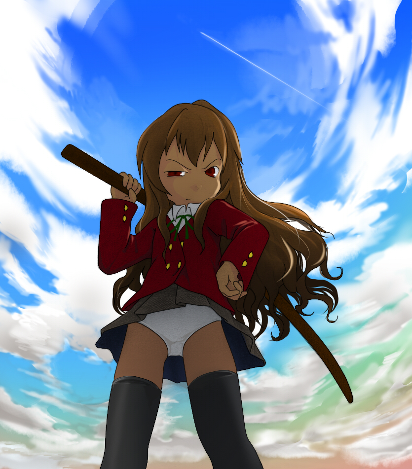 sakanami, aisaka taiga, toradora!, 00s, bokken, brown eyes, brown hair, cloud, day, from below, hand on own hip, hip focus, long hair, panties, pantyshot, school uniform, sky, solo, sword, thighhighs, underwear, weapon, wooden sword