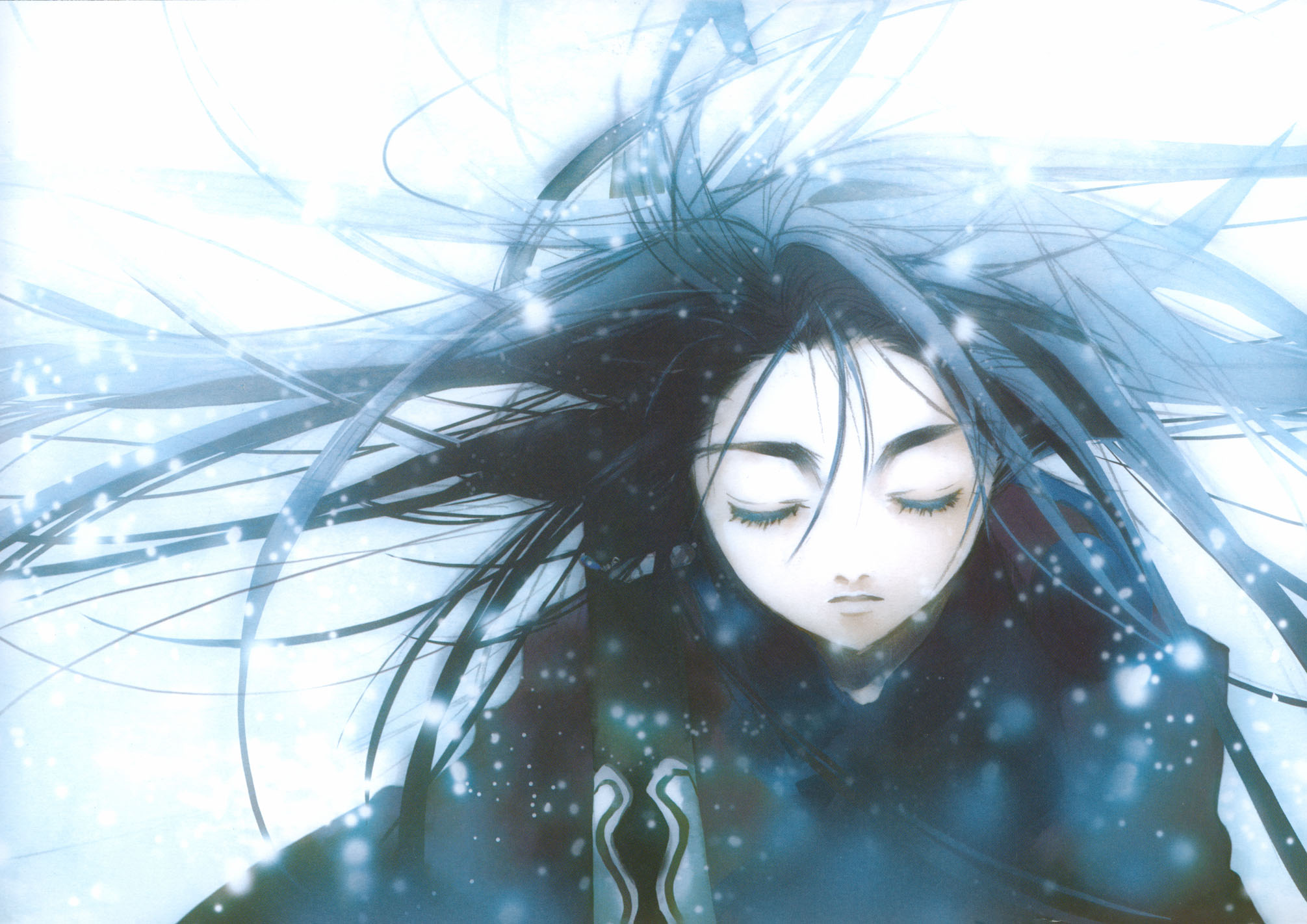 sugisaki yukiru, lagoon engine, lagoon engine einsatz, highres, scan, closed eyes, long hair, snow, solo, sword, weapon