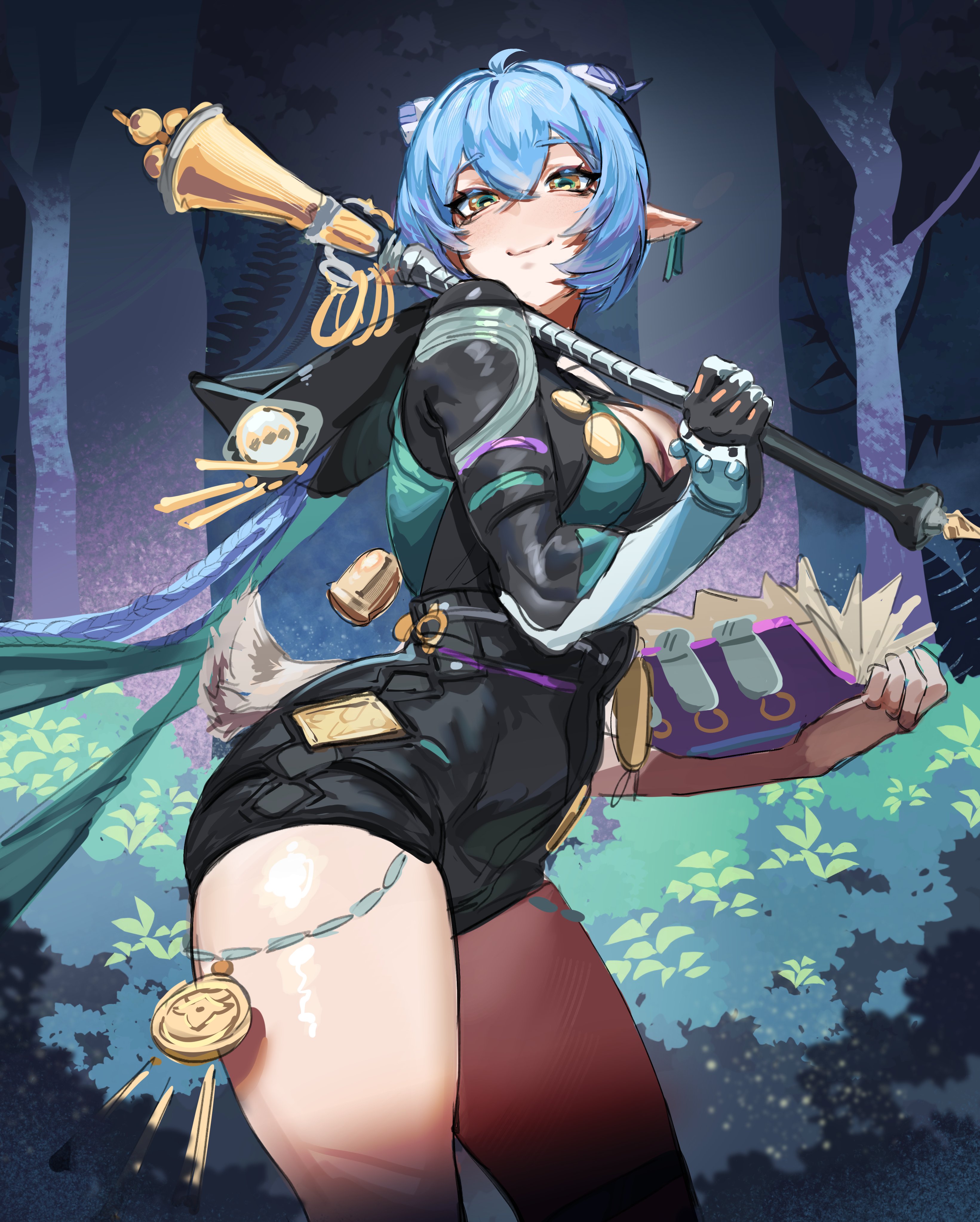 reallycute456, lucia (zenless zone zero), zenless zone zero, braided twintails, absurdres, highres, 1girl, accessories, animal ears, bell, black hood, black unitard, blue hair, book, braid, breasts, closed mouth, earrings, forest, from side, goat, goat ears, goat horns, goat tail, grass, green pupils, hair between eyes, holding, holding book, holding staff, horns, jewelry, long hair, looking at viewer, medallion, nature, outdoors, pointy ears, single sleeve, smile, solo, staff, tail, thighs, tree, yellow eyes